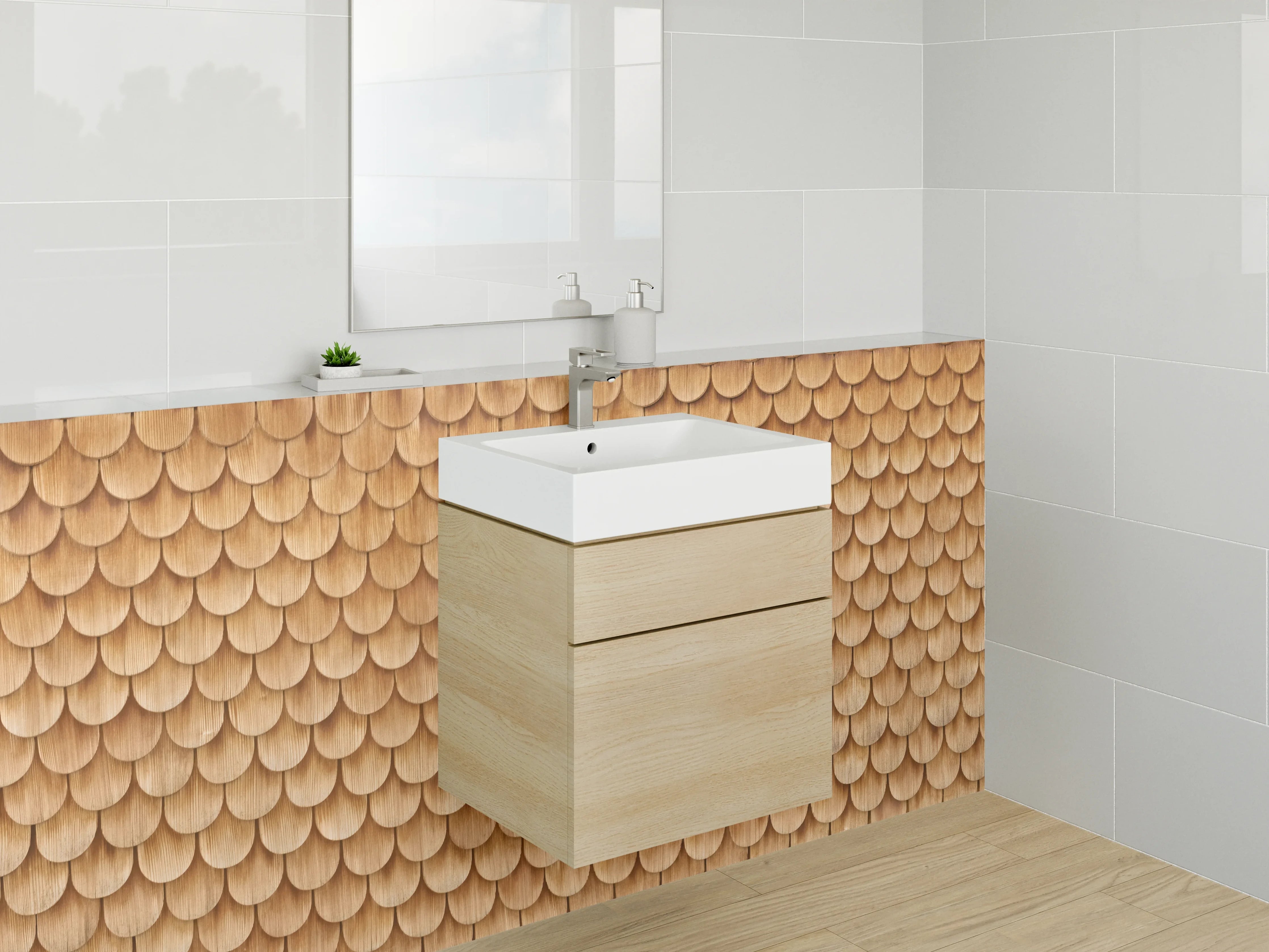 Waschbecken-Rückwand - Holzschindel Optik Naturbraun