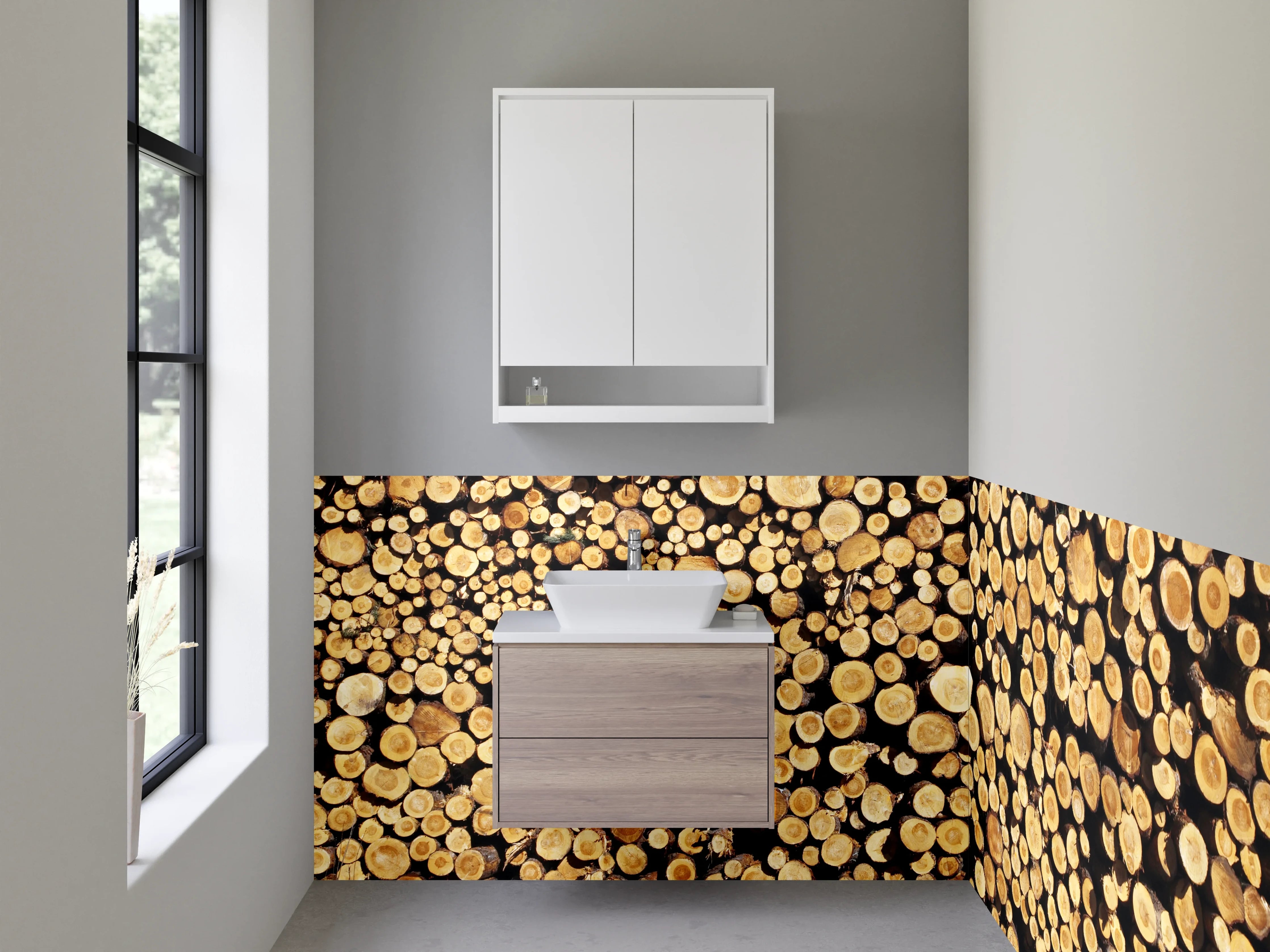 Waschbecken-Rückwand - Holzstämme in warmen Tönen