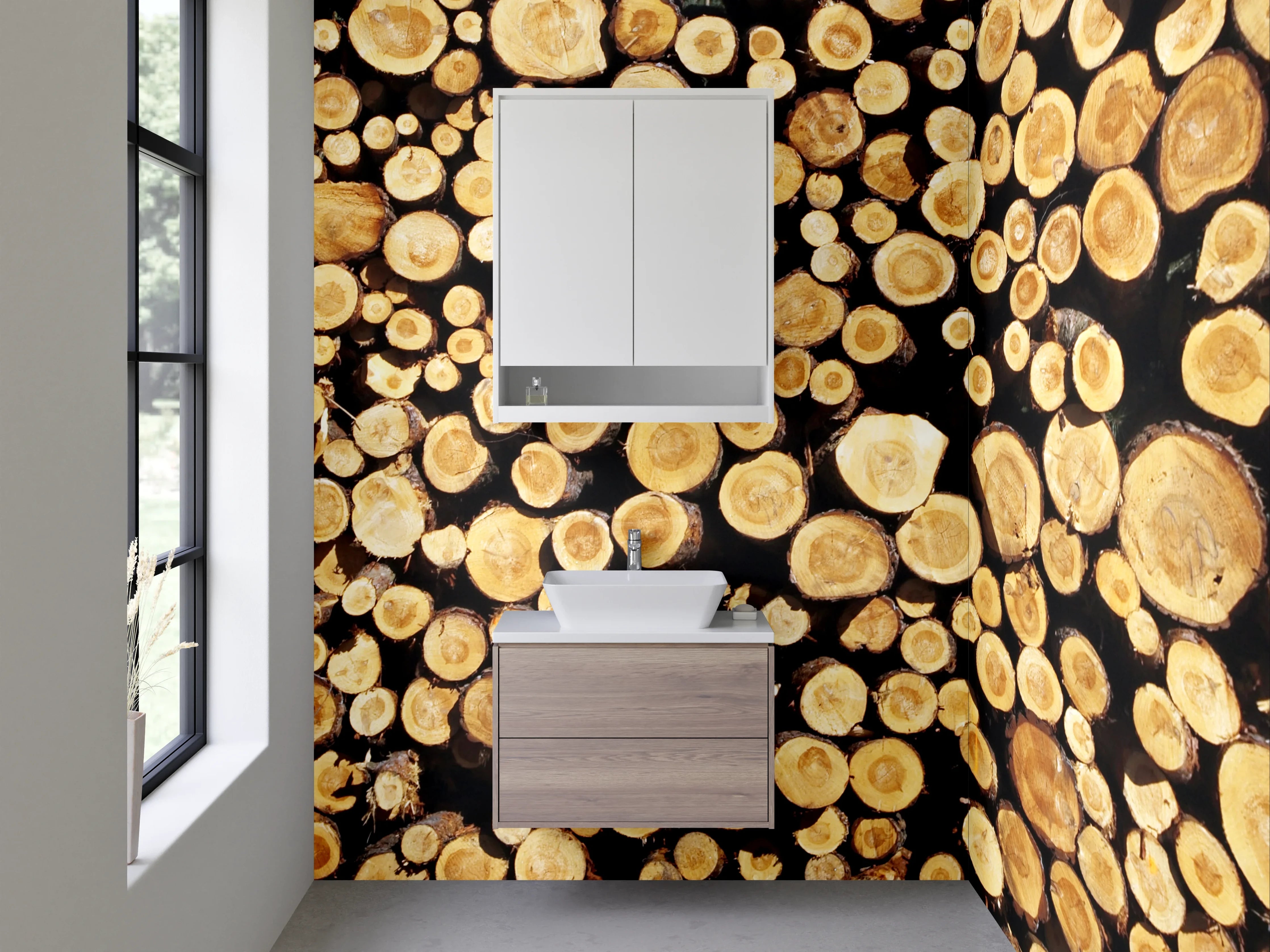 Waschbecken-Rückwand - Holzstämme in warmen Tönen