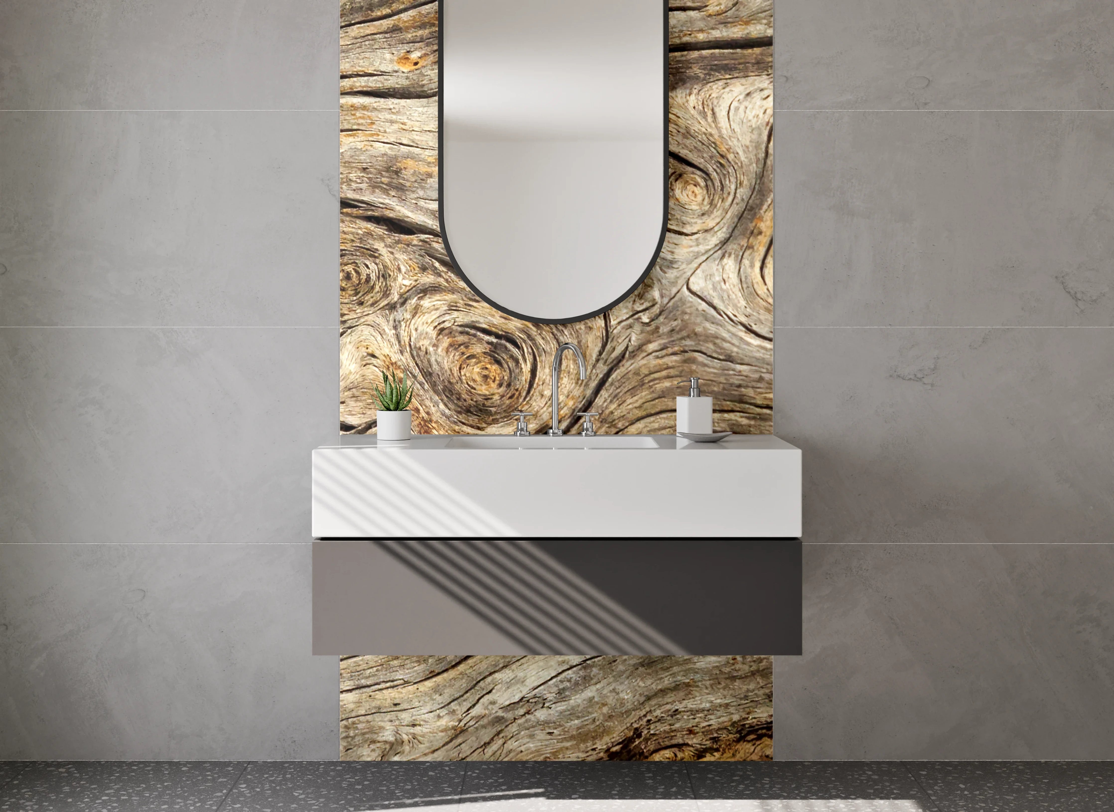 Waschbecken-Rückwand - Holzstruktur Braun Grau Modern