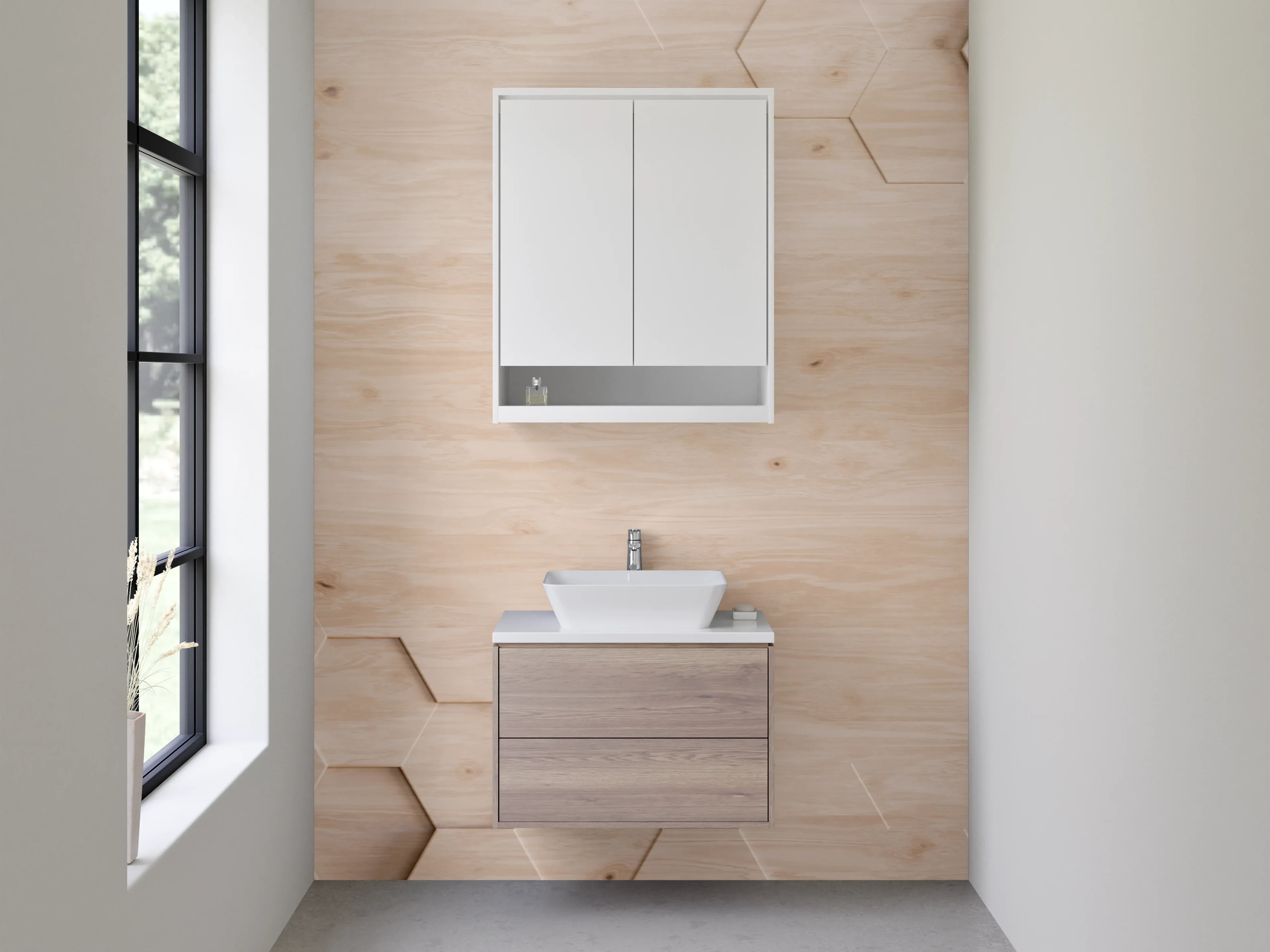 Waschbecken-Rückwand - Holzstruktur mit Wabenmuster modern