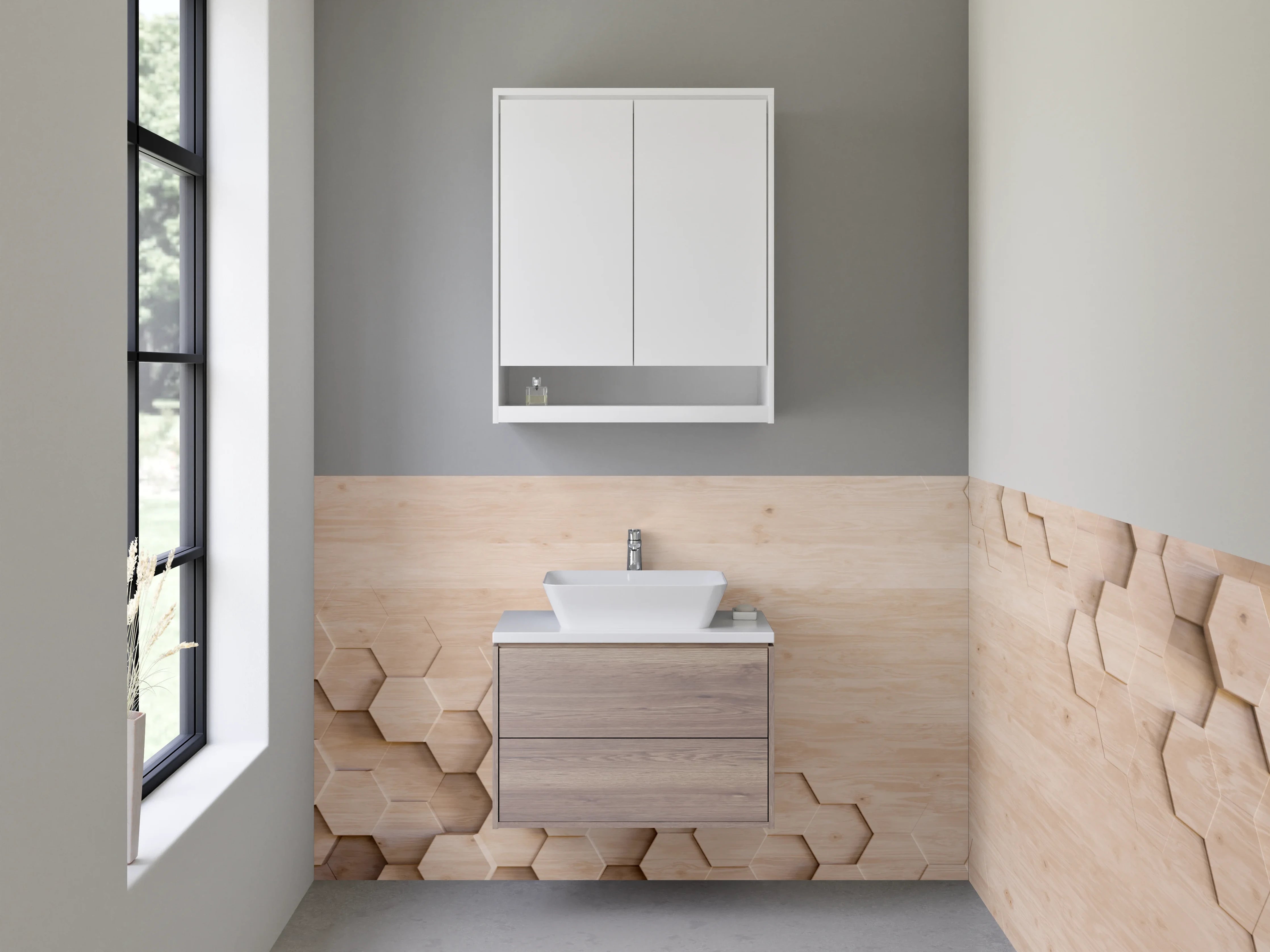 Waschbecken-Rückwand - Holzstruktur mit Wabenmuster modern