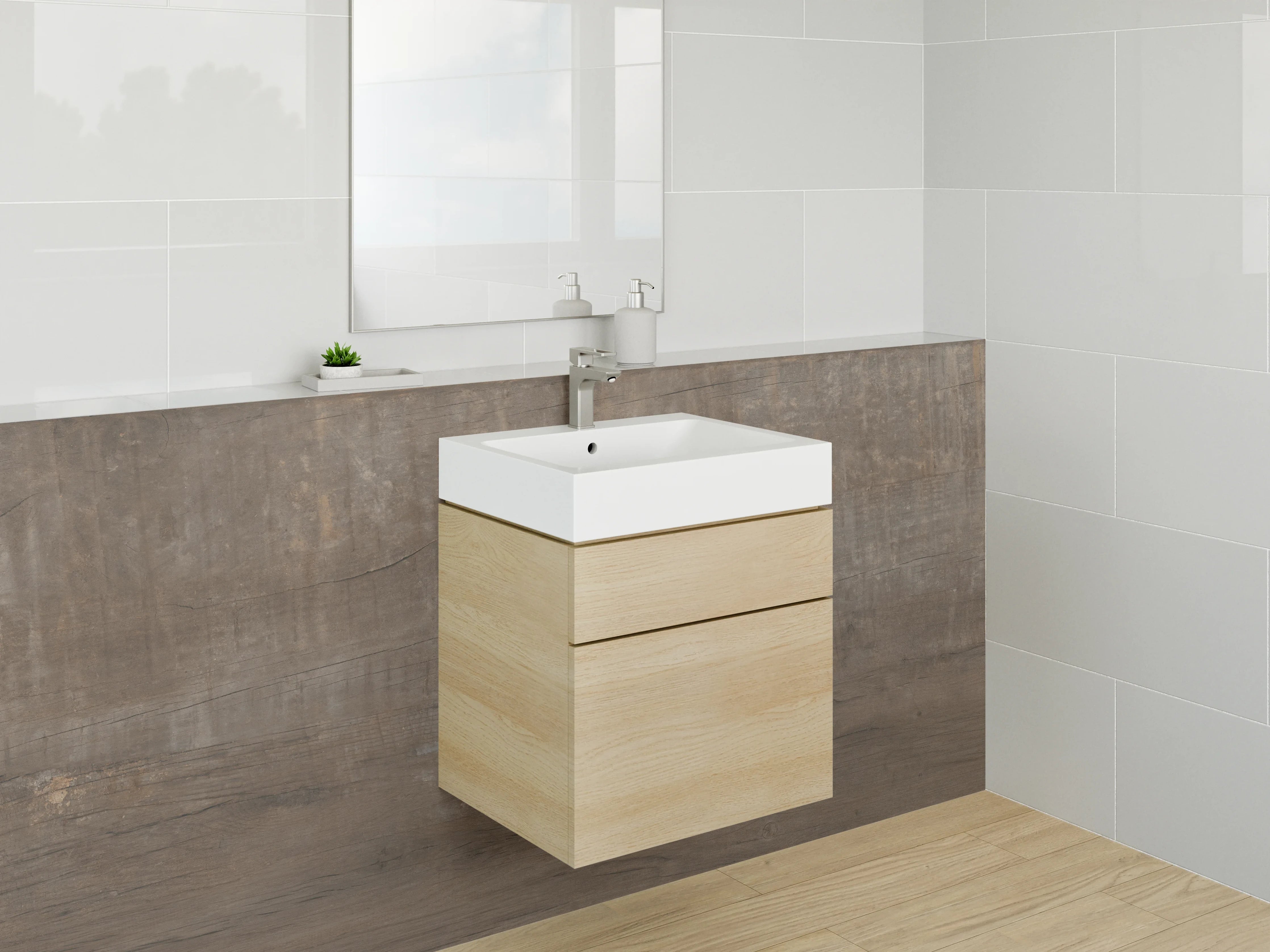 Waschbecken-Rückwand - Holzstruktur mit warmen Braun- und Beigetönen