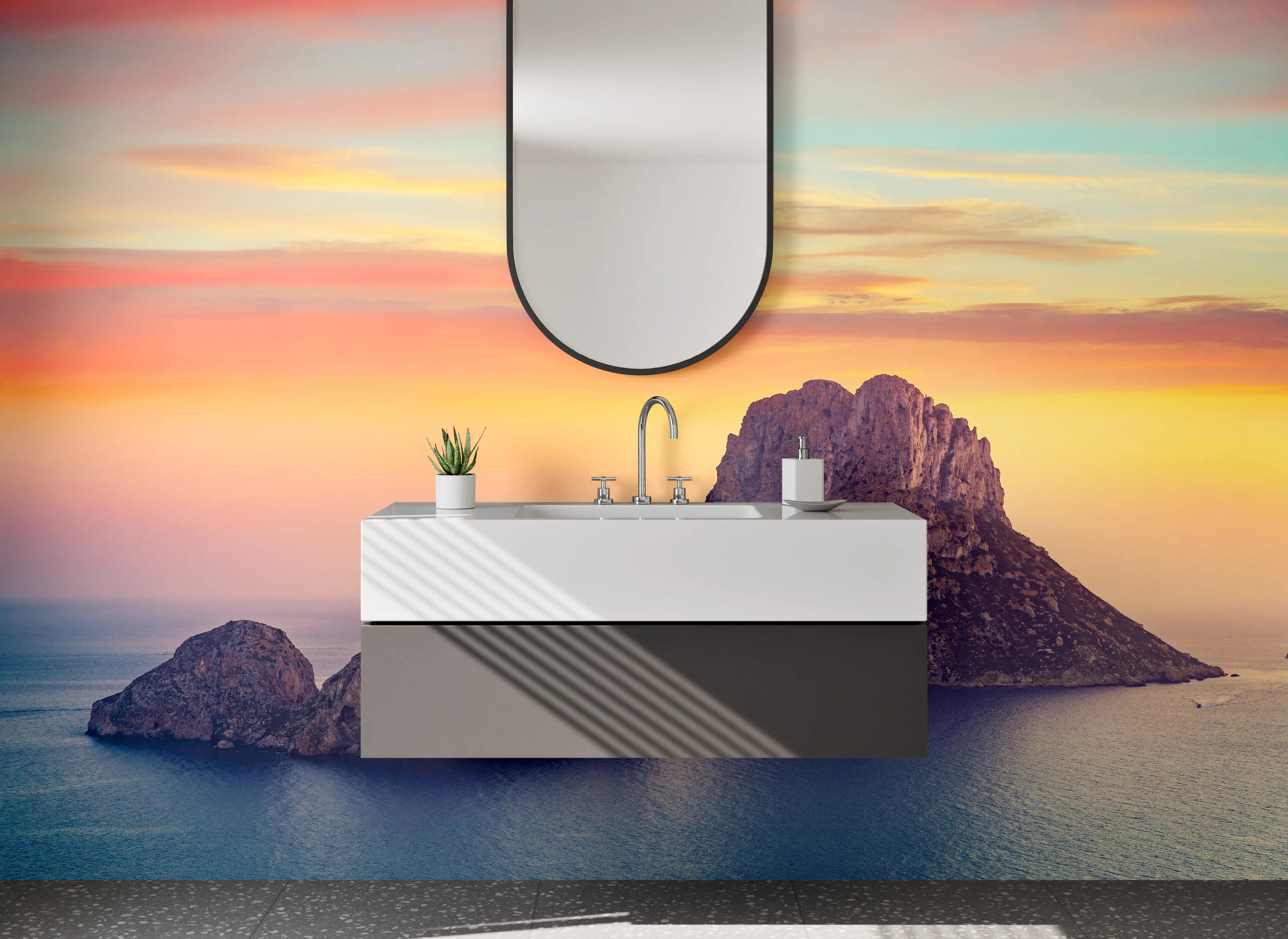 Waschbecken-Rückwand - Ibiza Küste Sonnenuntergang Panorama