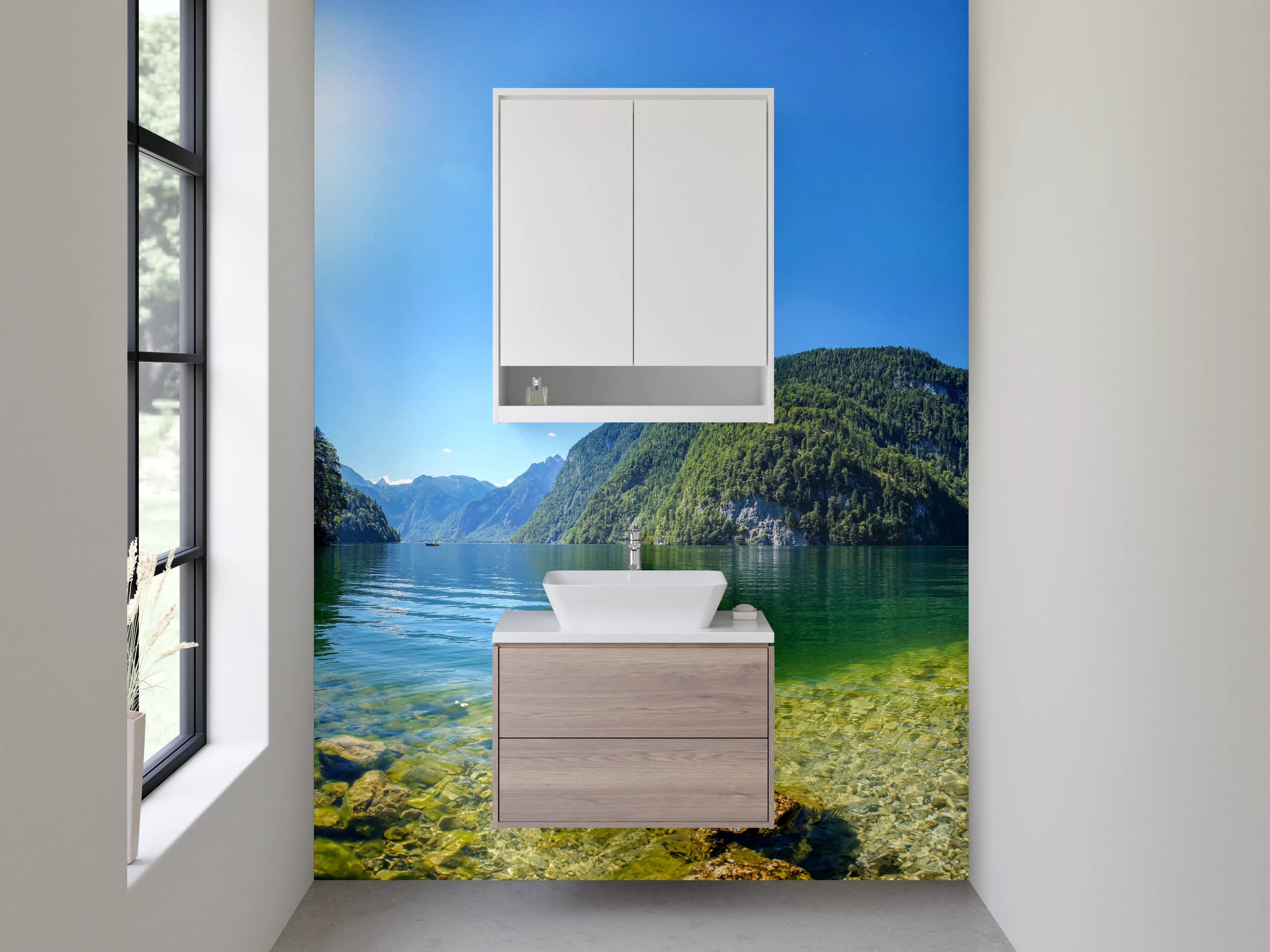 Waschbecken-Rückwand - Idyllischer See inmitten grüner Natur
