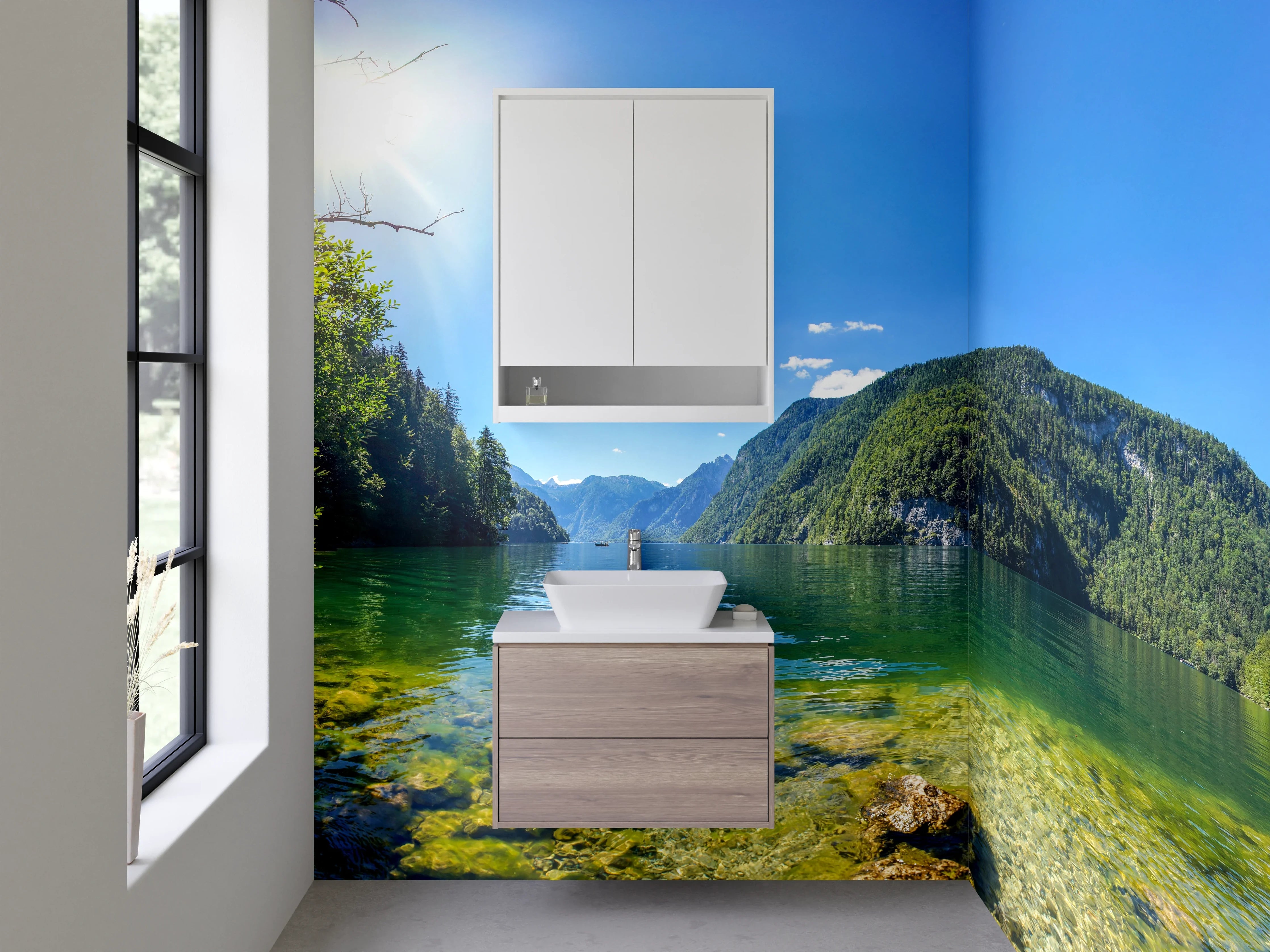 Waschbecken-Rückwand - Idyllischer See inmitten grüner Natur