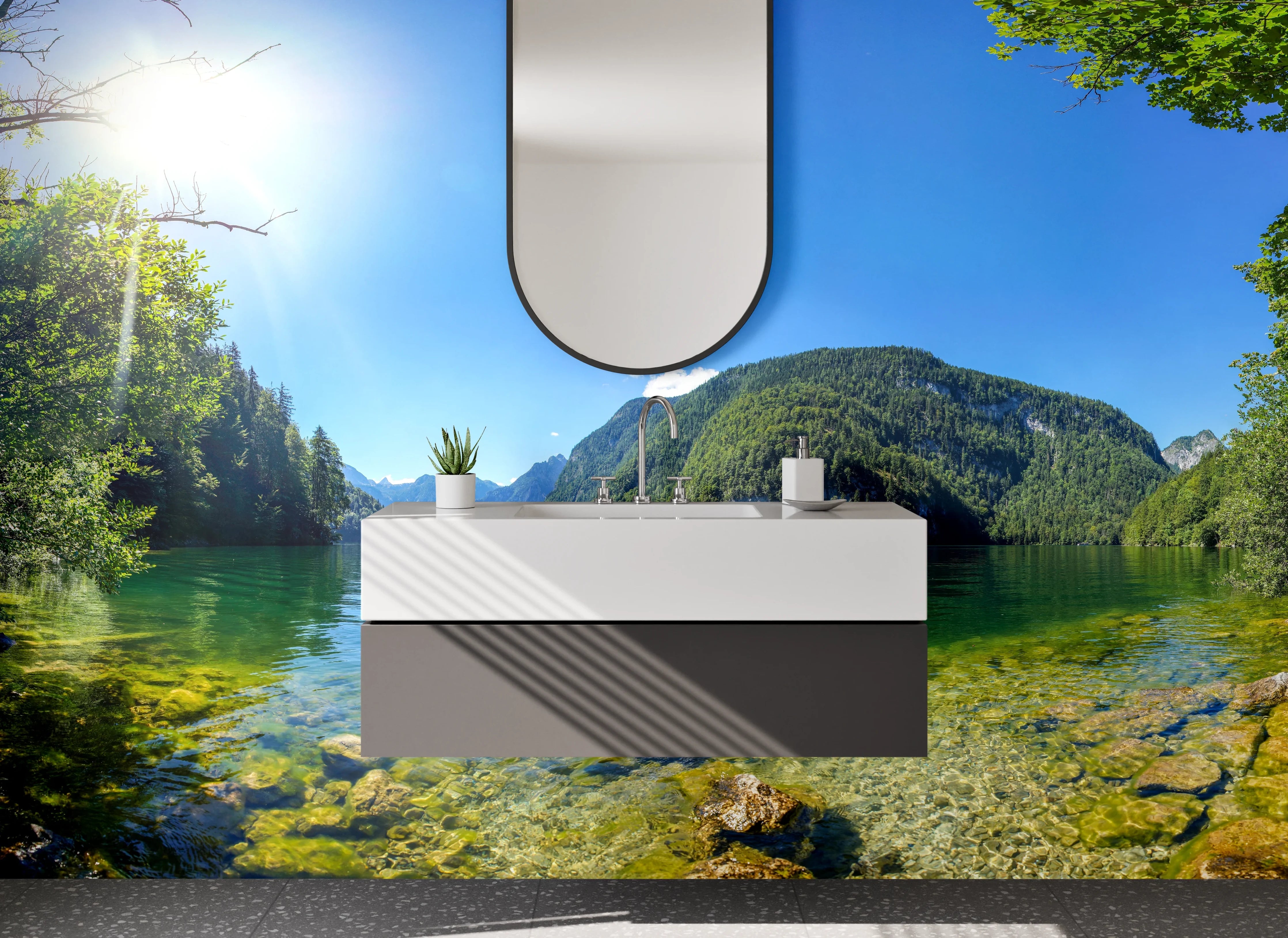 Waschbecken-Rückwand - Idyllischer See inmitten grüner Natur