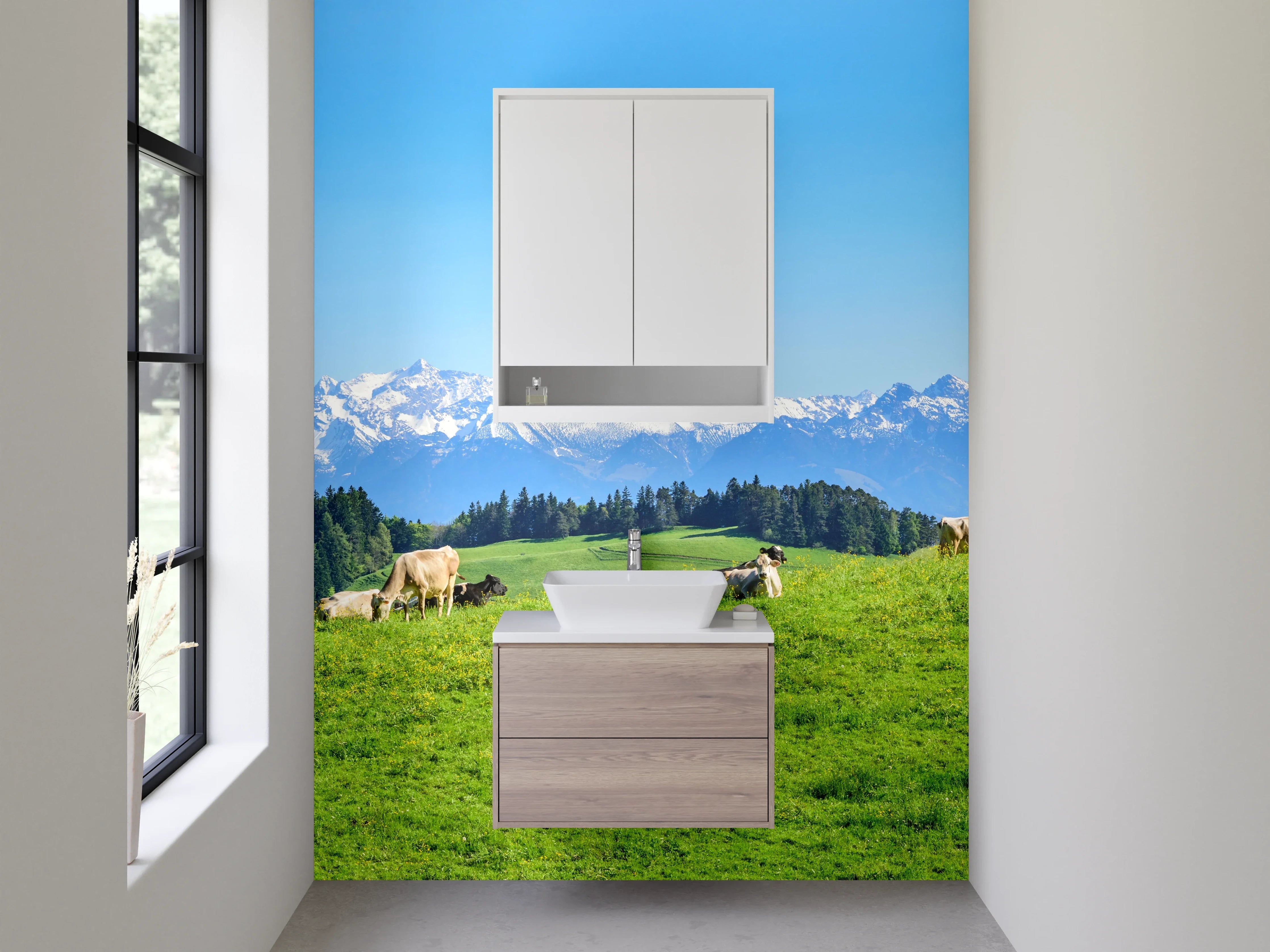 Waschbecken-Rückwand - Idyllisches Kuhweide-Motiv vor Alpenhintergrund