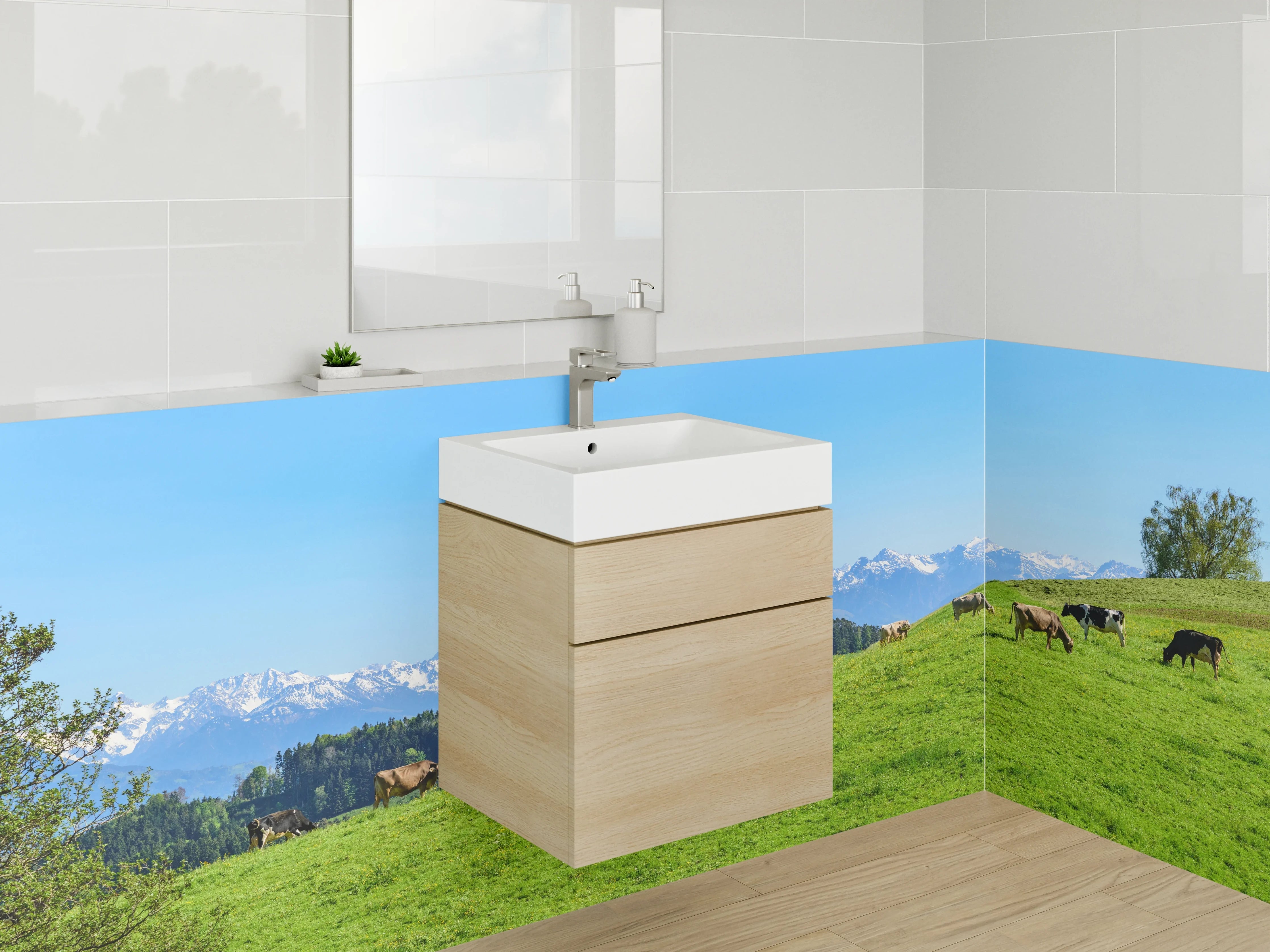 Waschbecken-Rückwand - Idyllisches Kuhweide-Motiv vor Alpenhintergrund