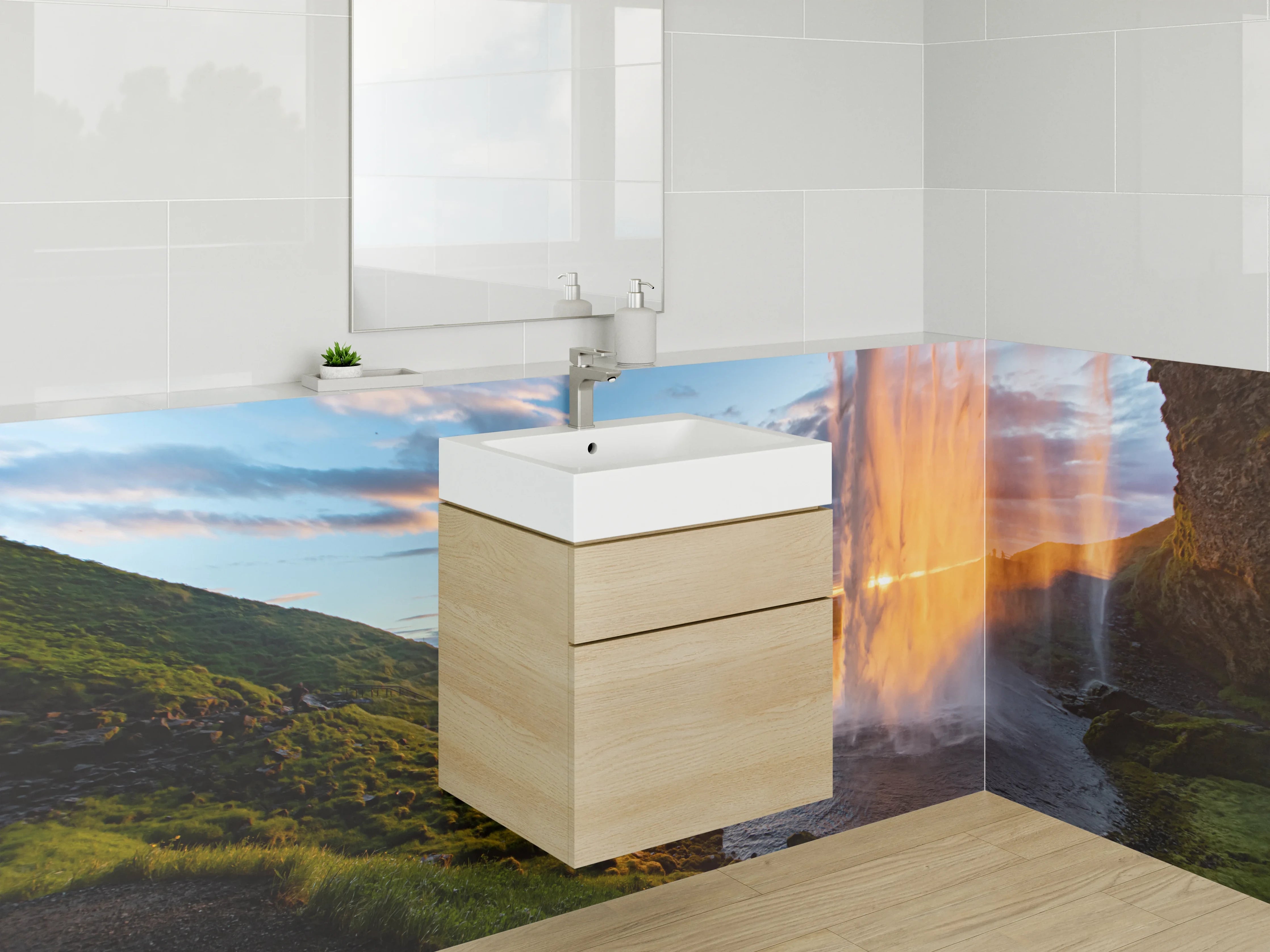 Waschbecken-Rückwand - Isländischer Wasserfall Sonnenuntergang Panorama