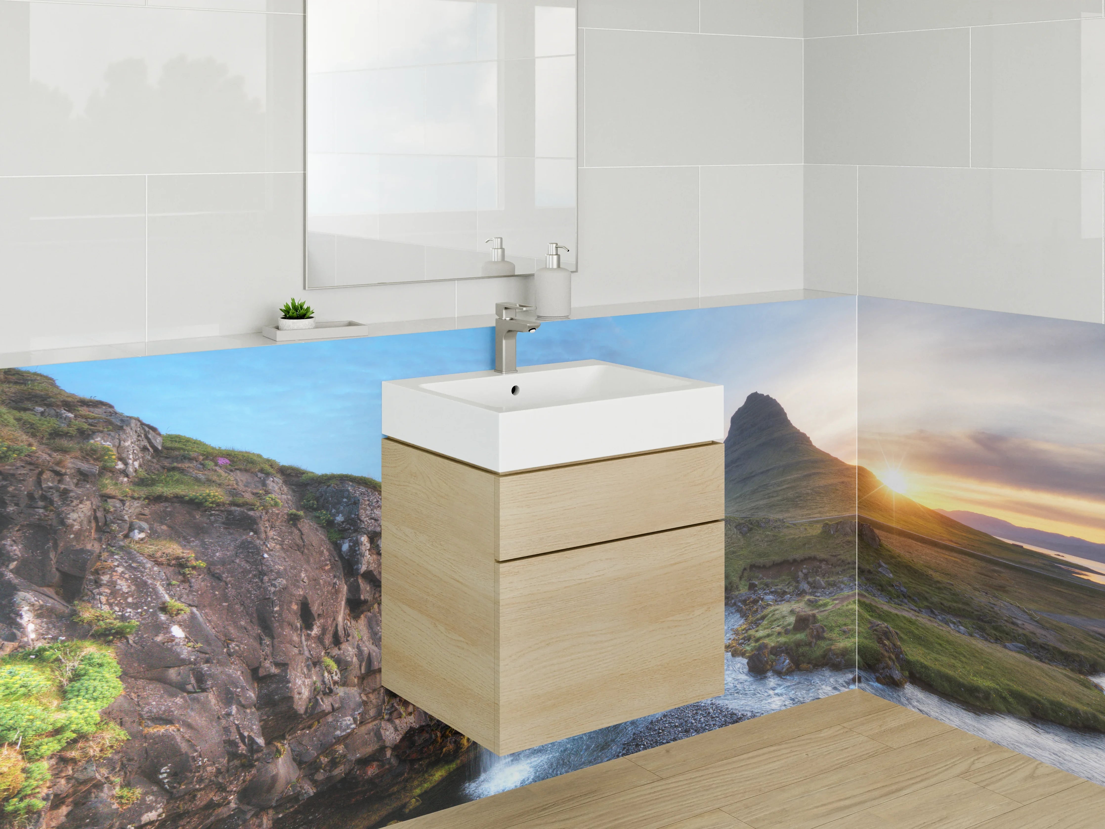Waschbecken-Rückwand - Island Wasserfall Landschaft Panorama
