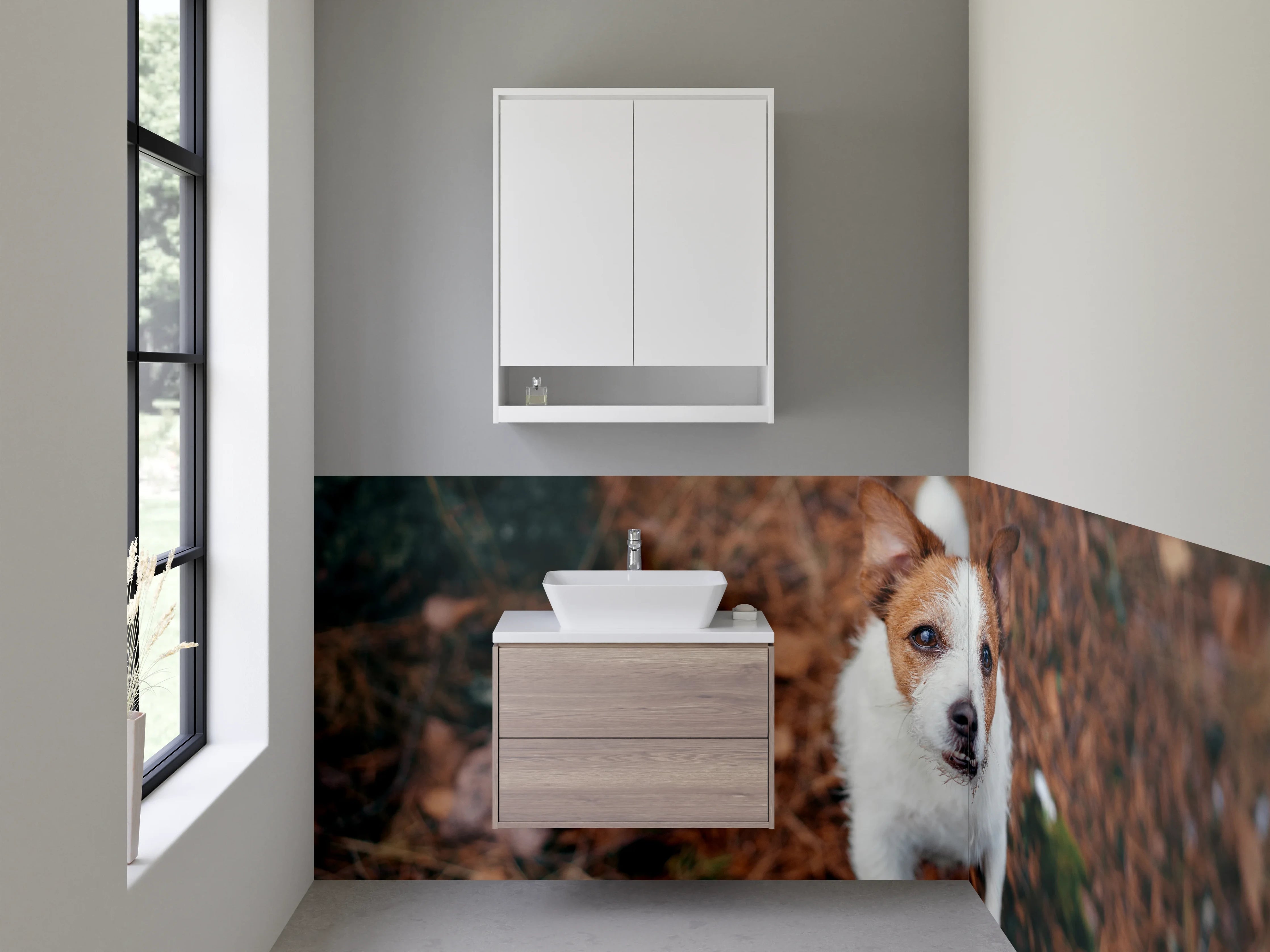 Waschbecken-Rückwand - Jack Russell im Wald – Tiermotiv
