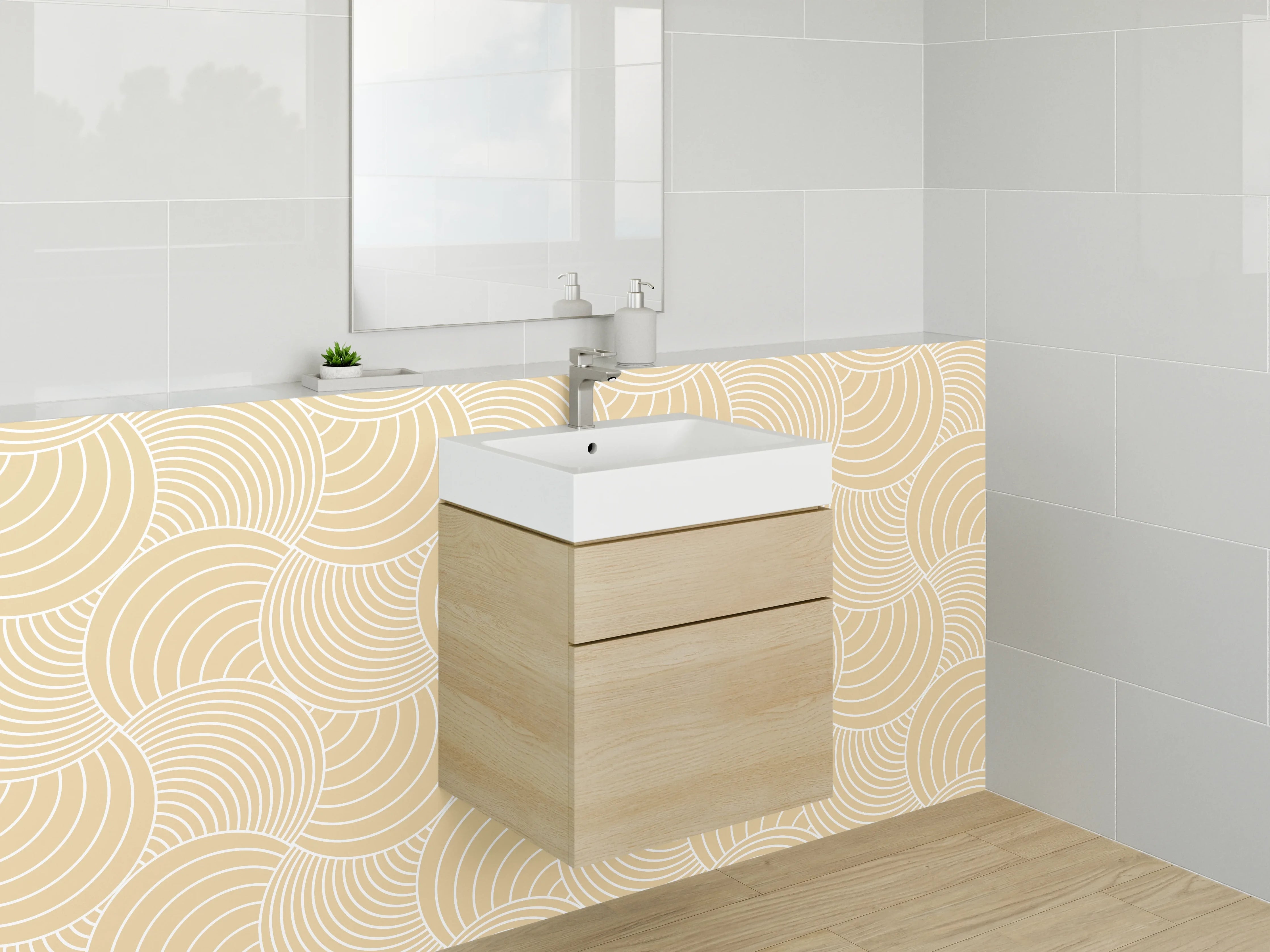 Waschbecken-Rückwand - Japandi Wellenmuster Beige Minimal