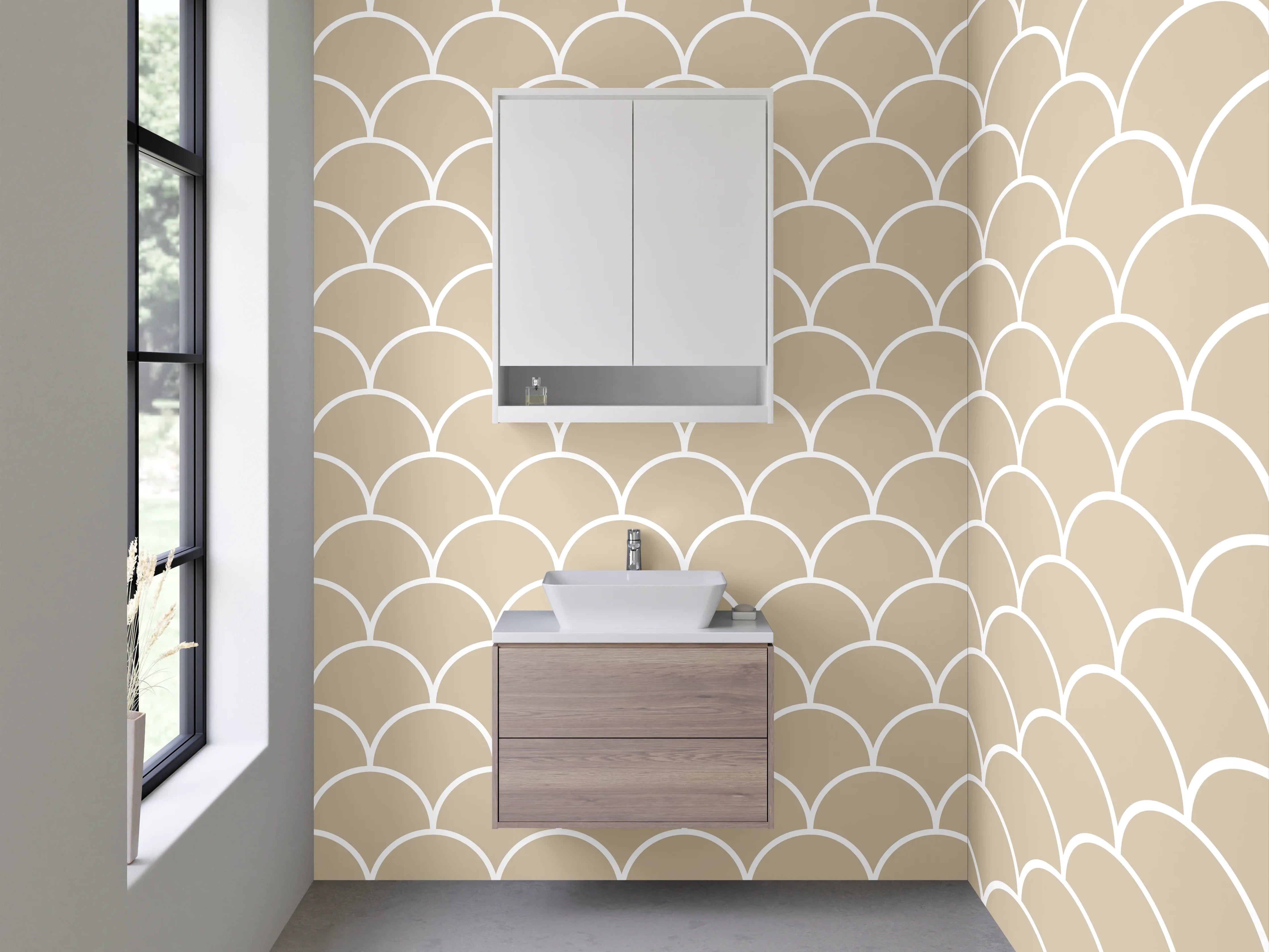 Waschbecken-Rückwand - Japandi Wellenmuster Beige Weiß