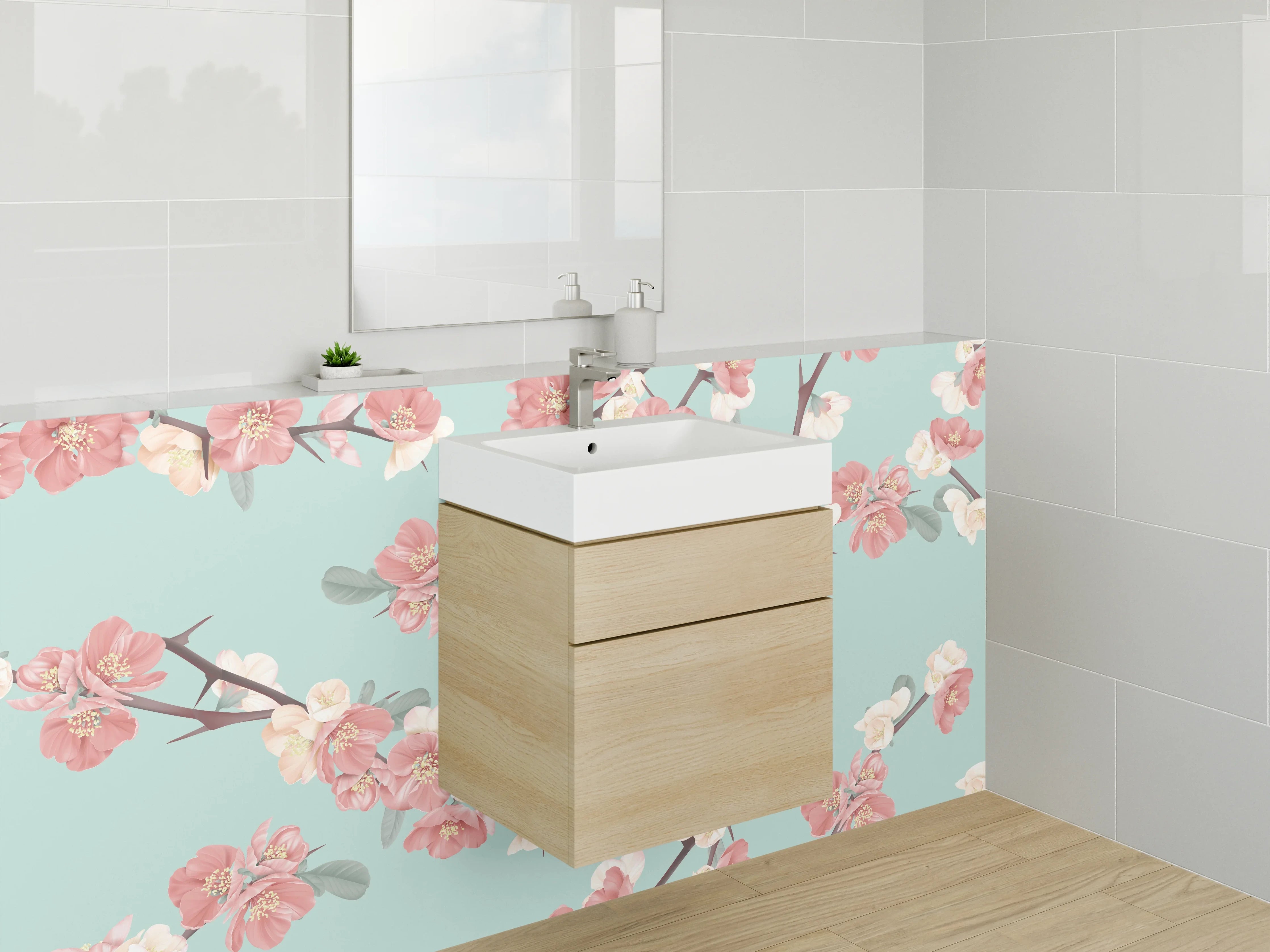 Waschbecken-Rückwand - Japanisch inspirierte Blüten Aquarell Muster