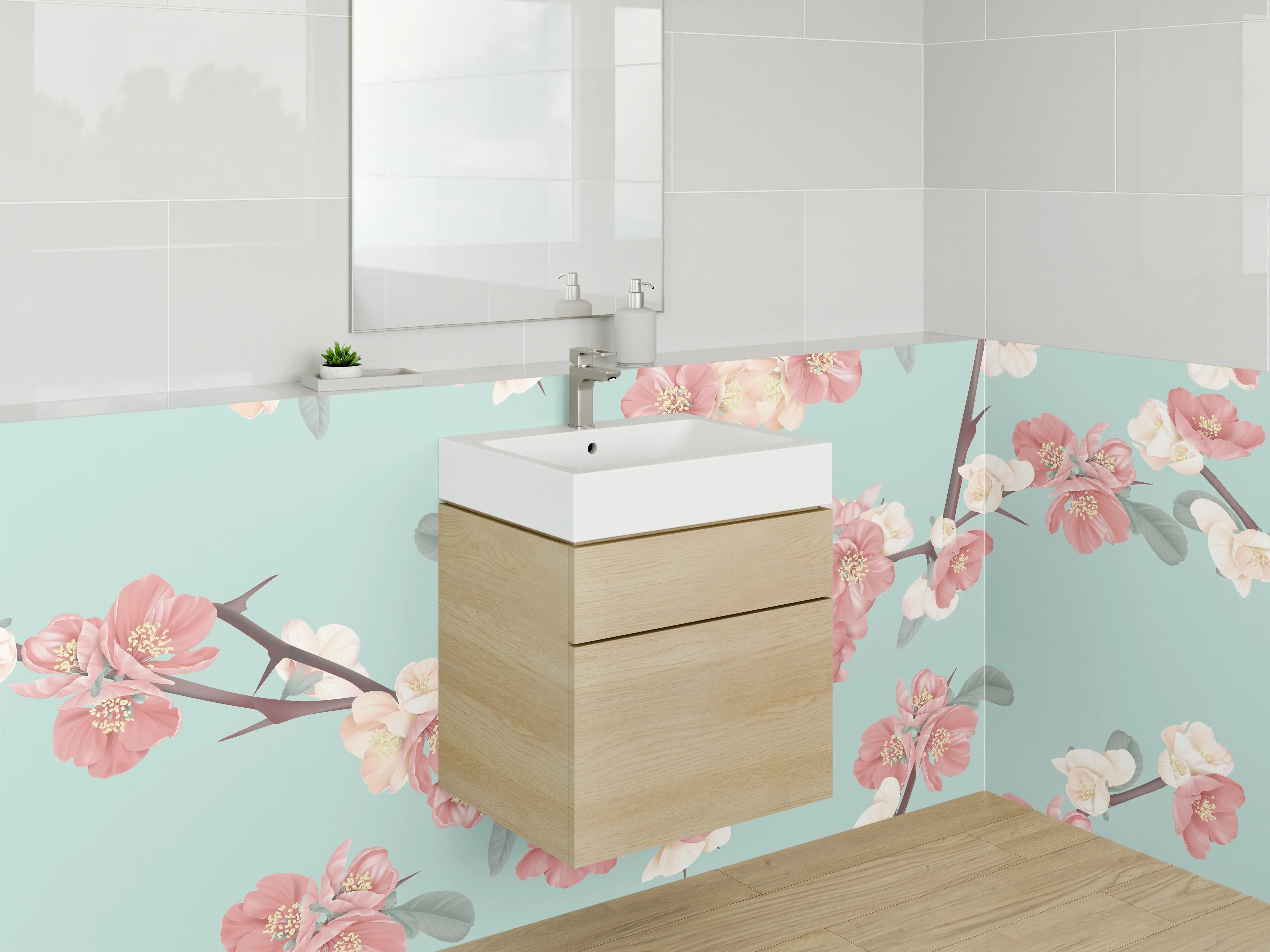 Waschbecken-Rückwand - Japanisch inspirierte Blüten Aquarell Muster