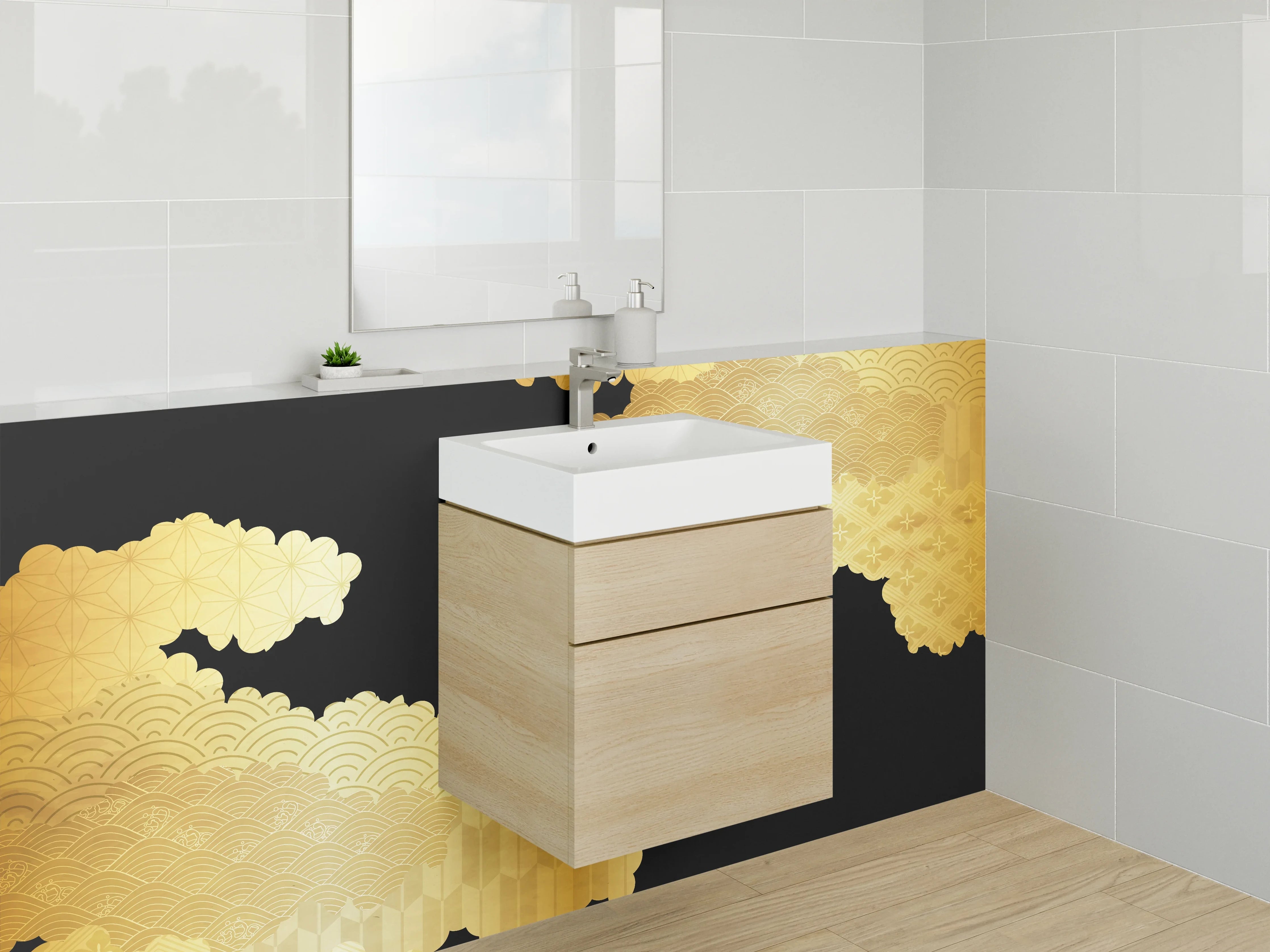 Waschbecken-Rückwand - Japanische Goldwellen Muster Schwarz-Gold