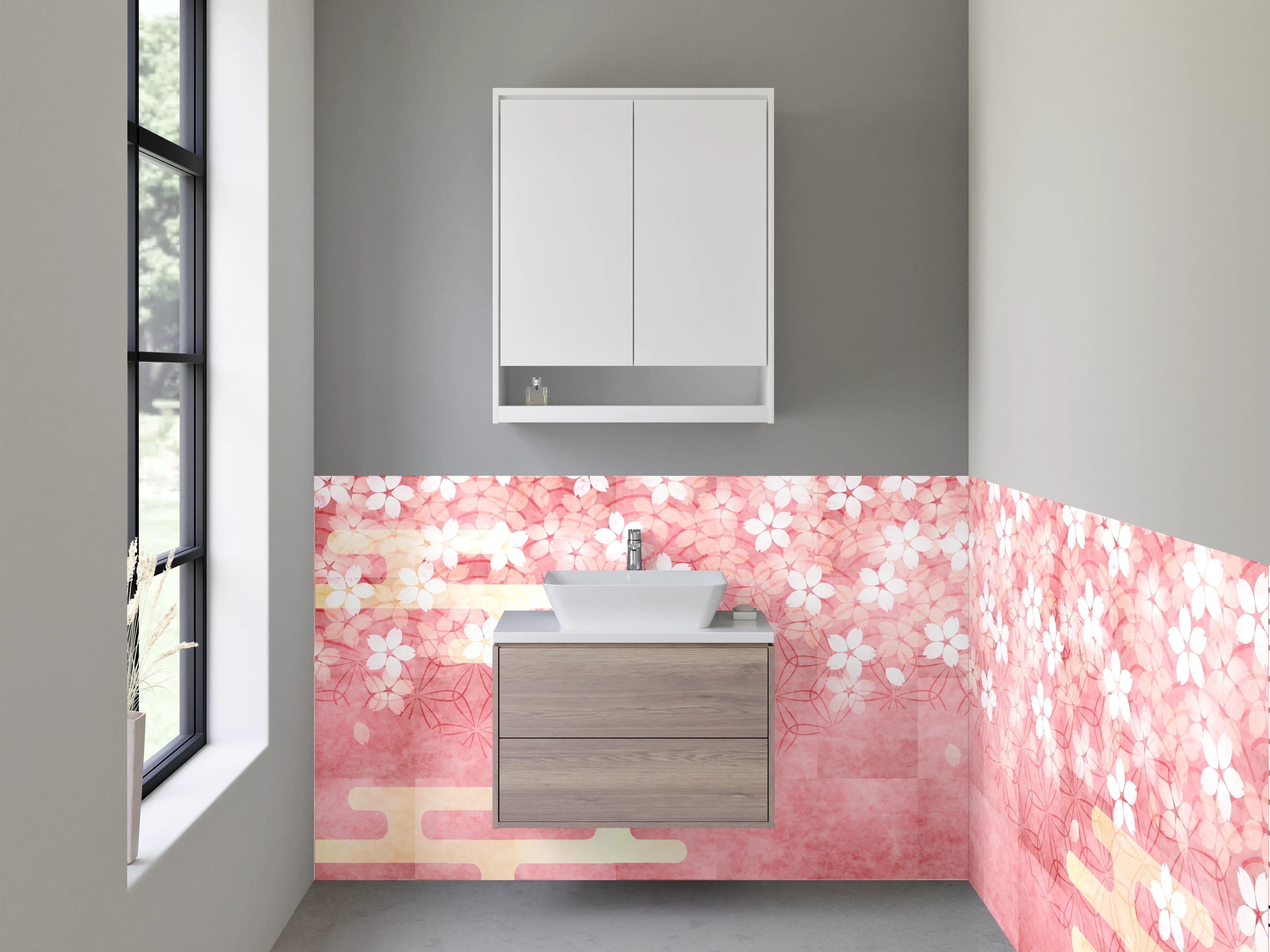 Waschbecken-Rückwand - Japanische Kirschblüten Aquarell Rosa