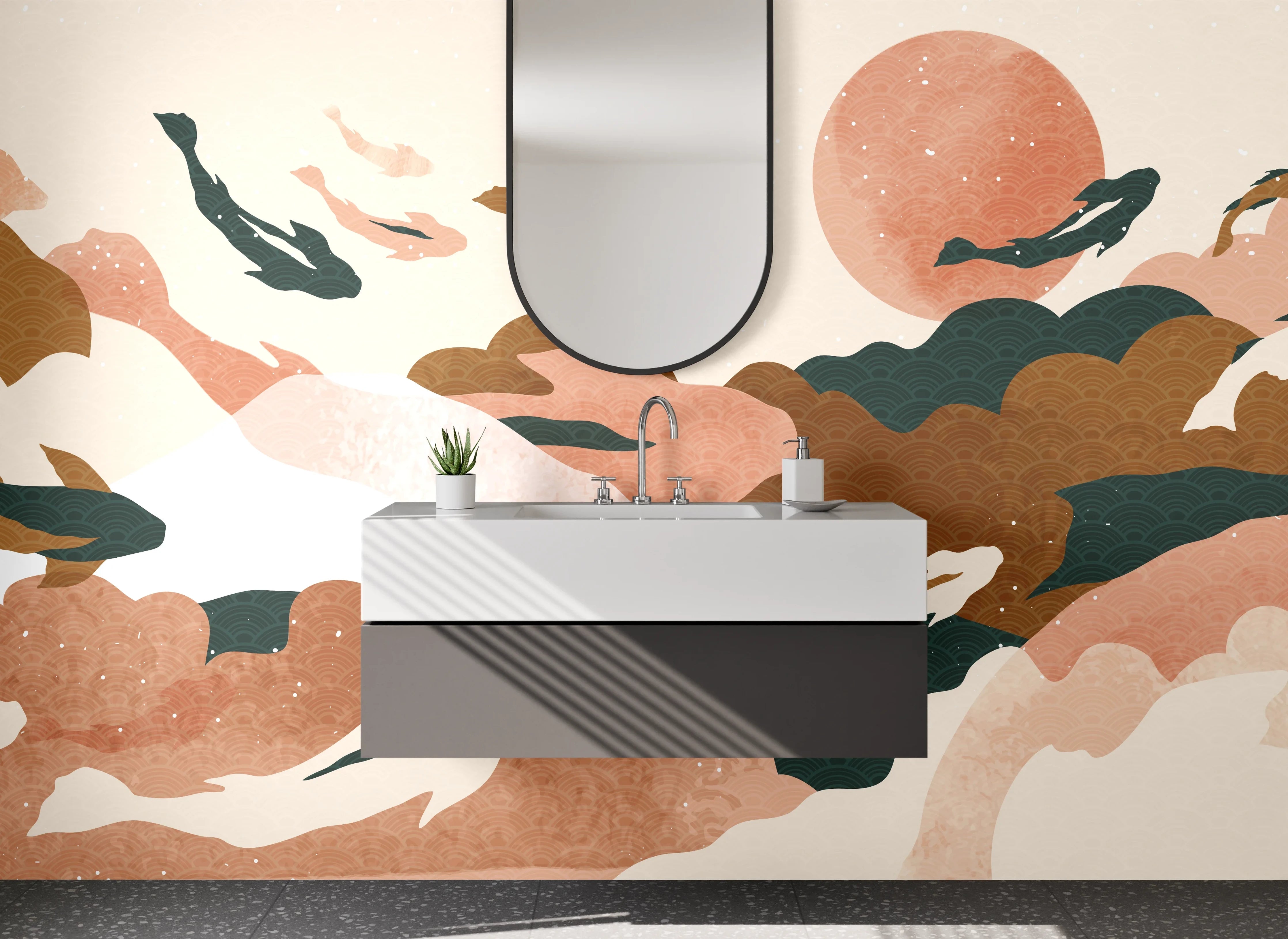 Waschbecken-Rückwand - Japanische Koi Illustration Sonnenuntergang