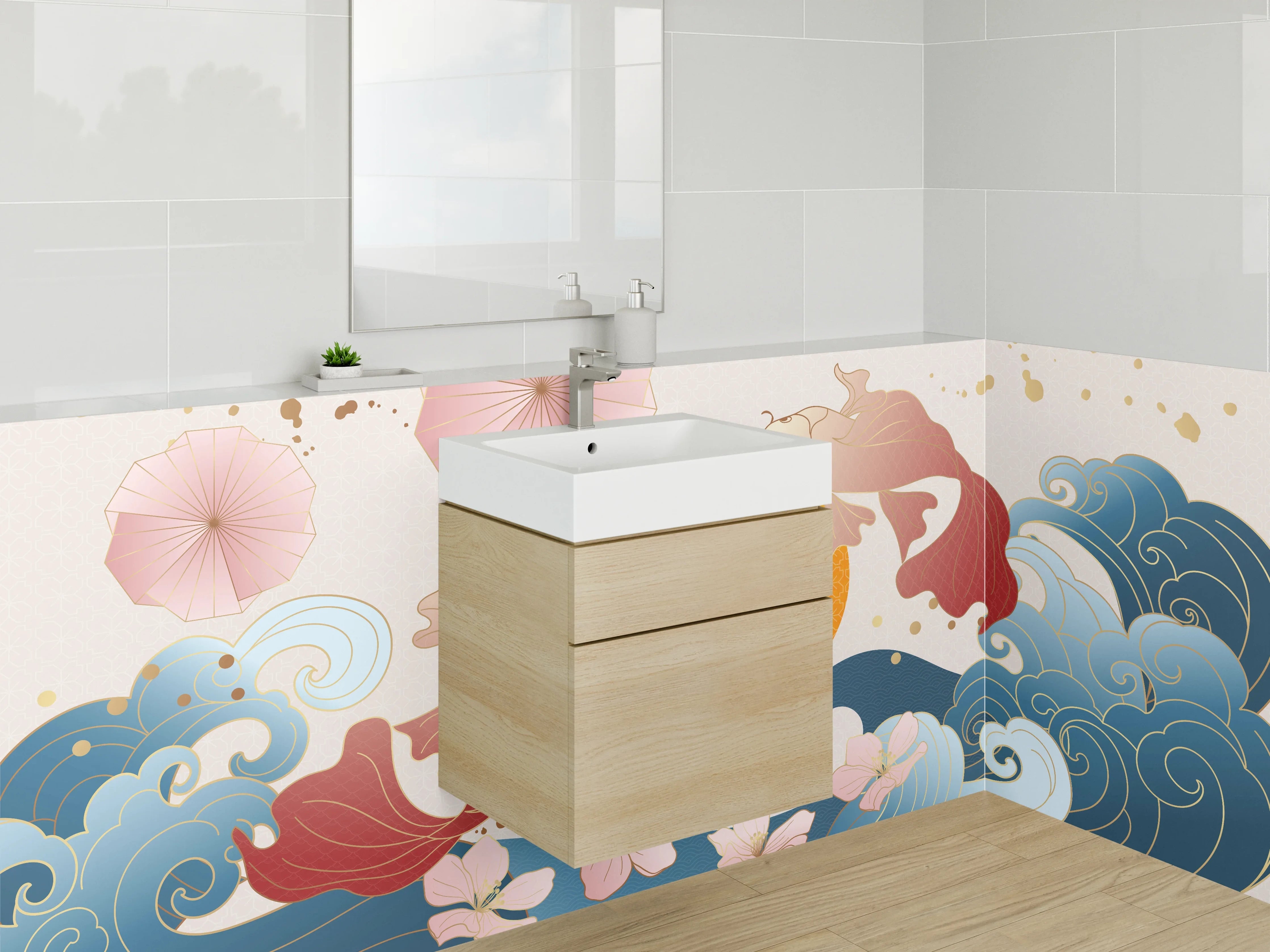 Waschbecken-Rückwand - Japanische Koi & Wellen Kunstmotiv
