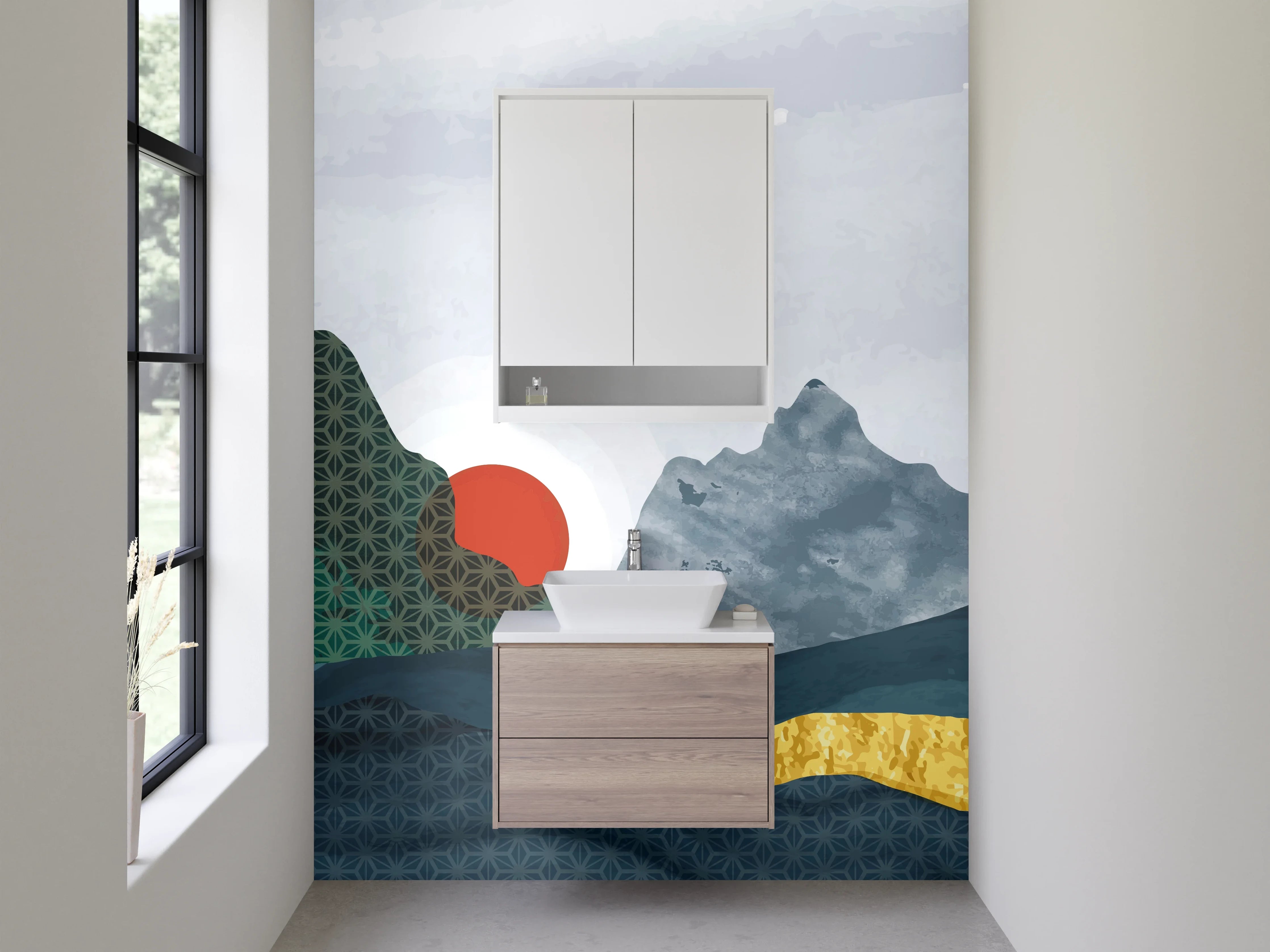 Waschbecken-Rückwand - Japanische Kraniche abstrakt Landschaft Aquarell