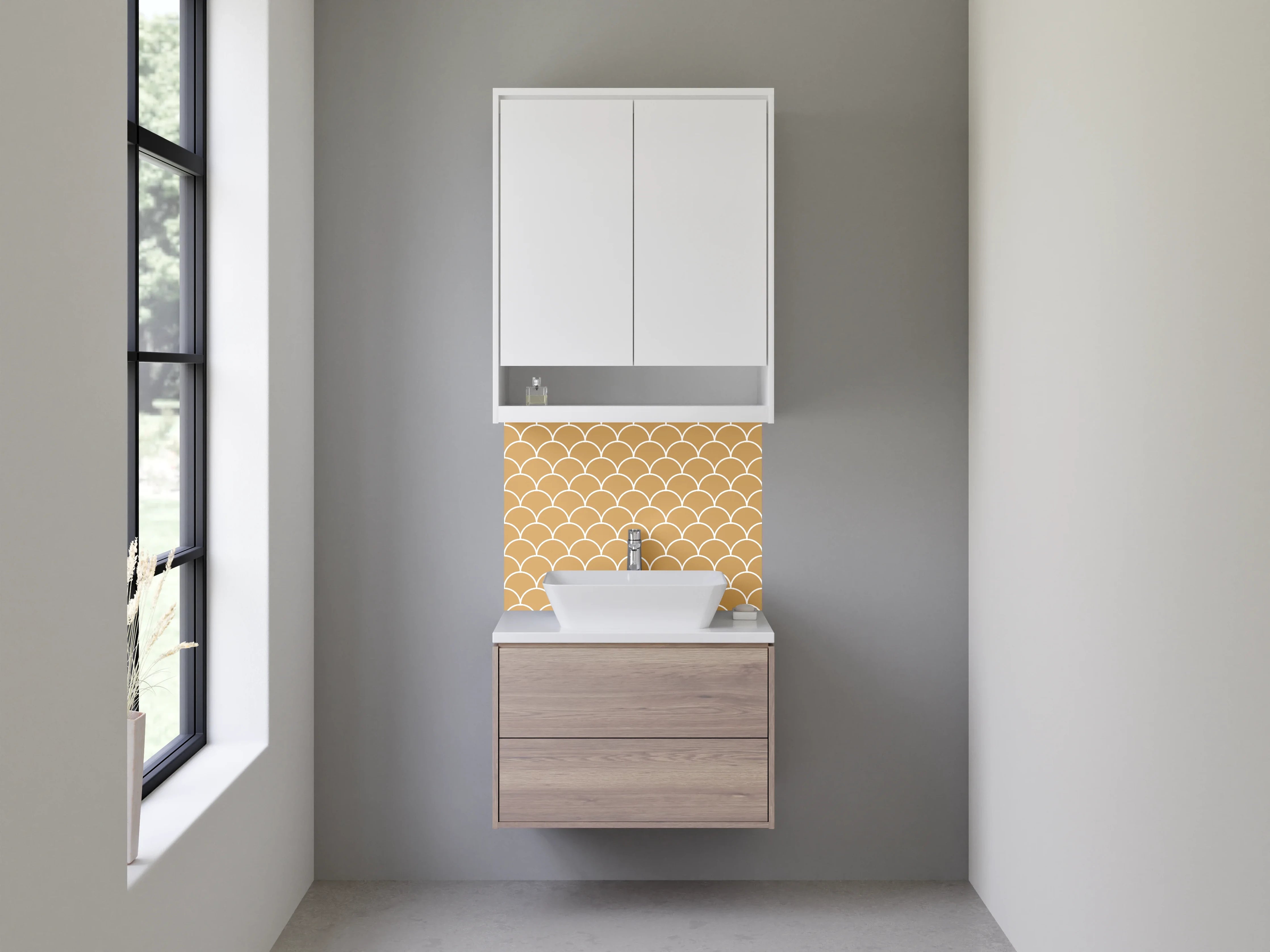 Waschbecken-Rückwand - Japanische Wellen in Beige-Grauweiß