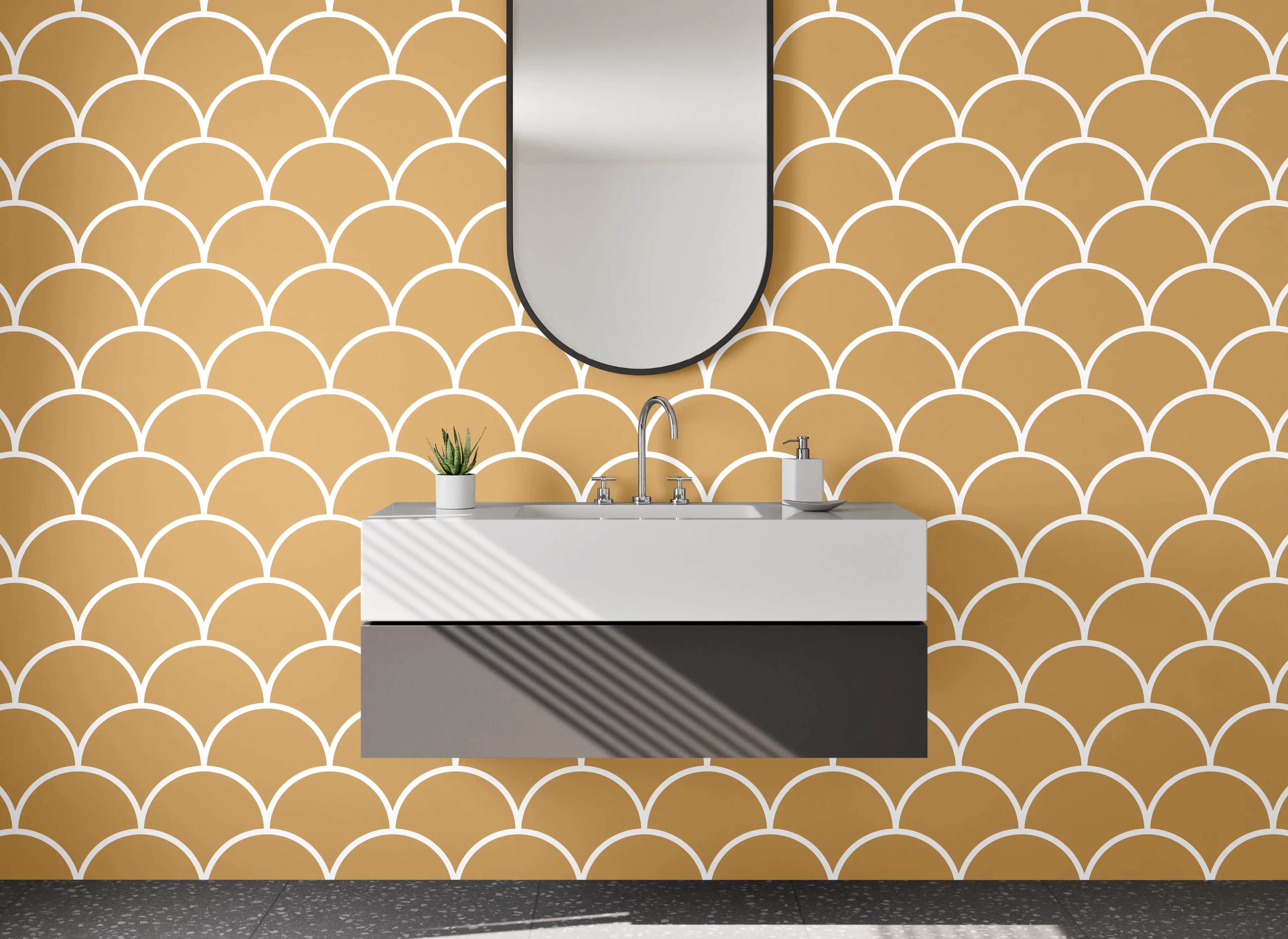 Waschbecken-Rückwand - Japanische Wellen in Beige-Grauweiß