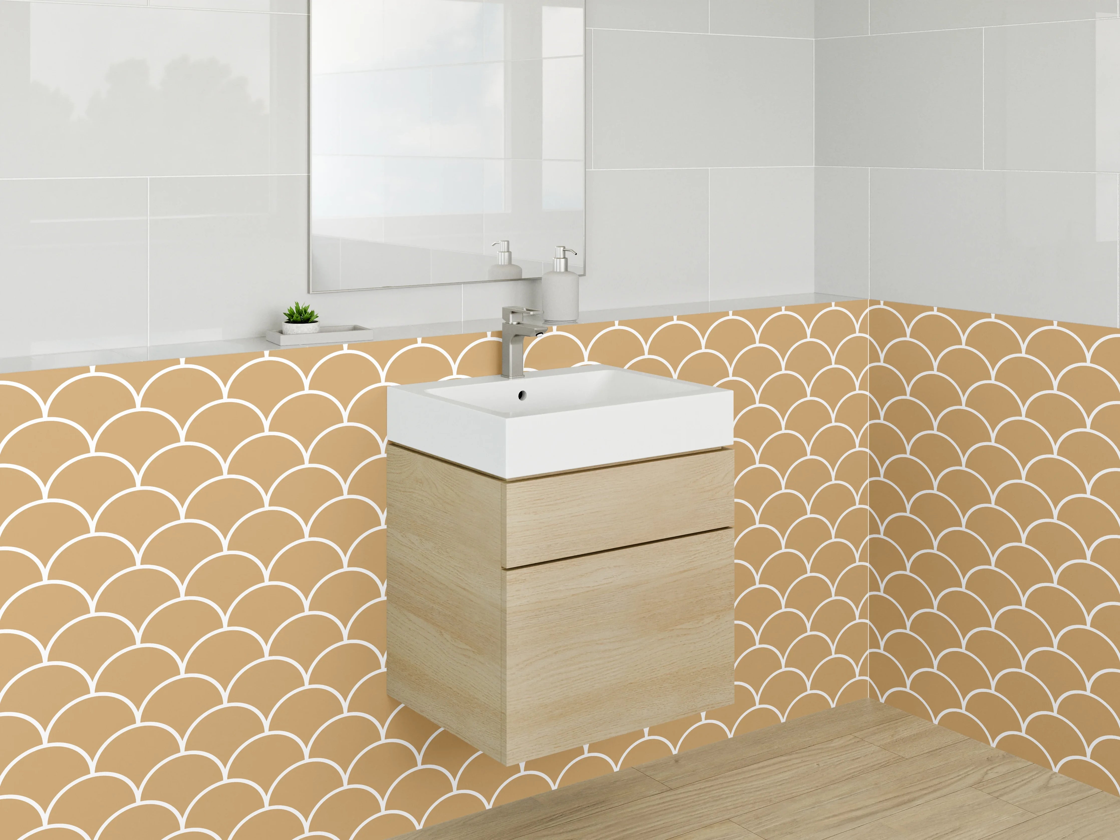 Waschbecken-Rückwand - Japanische Wellen in Beige-Grauweiß