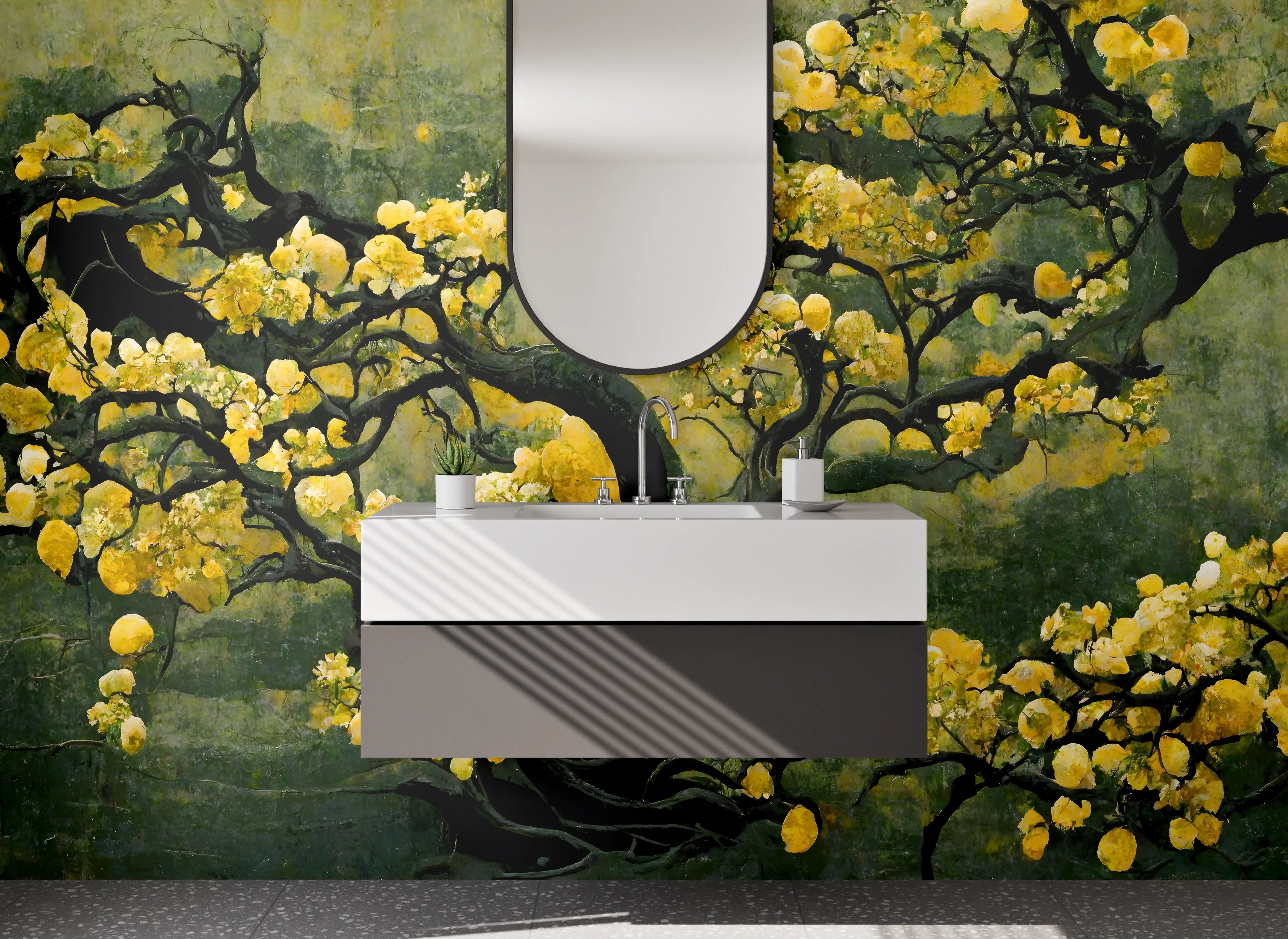 Waschbecken-Rückwand - Japanischer Baum mit goldenen Blüten