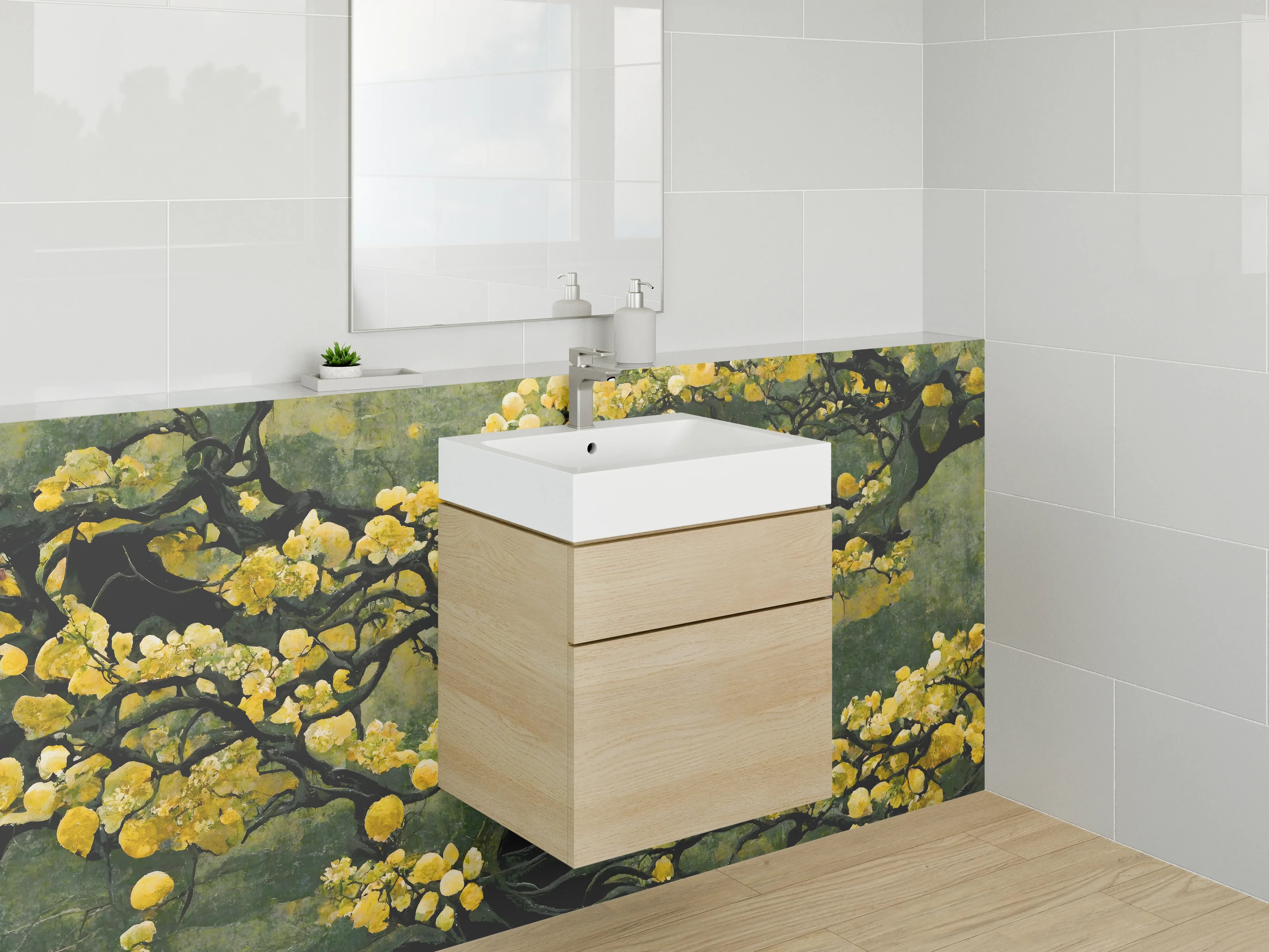 Waschbecken-Rückwand - Japanischer Baum mit goldenen Blüten