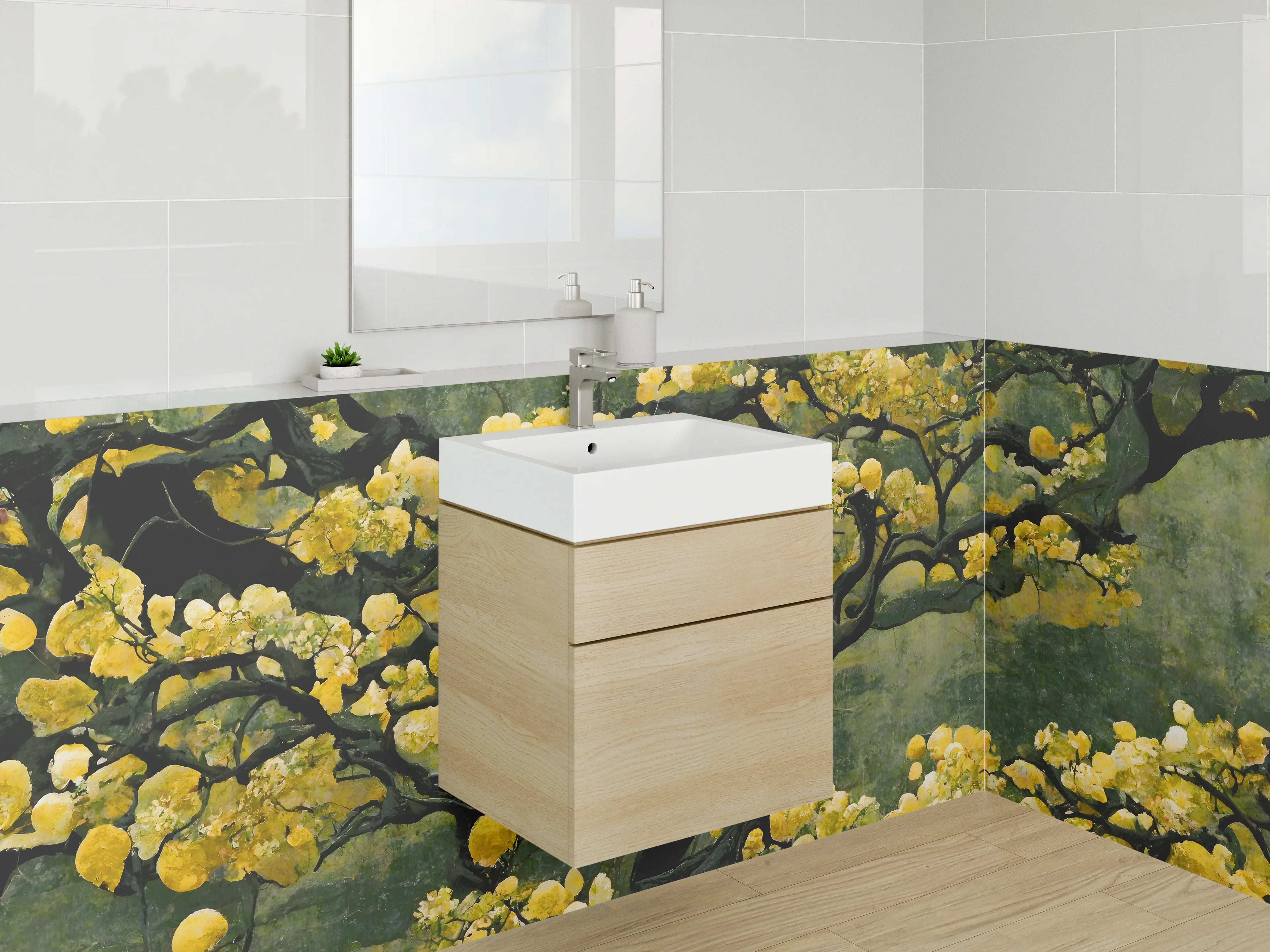 Waschbecken-Rückwand - Japanischer Baum mit goldenen Blüten
