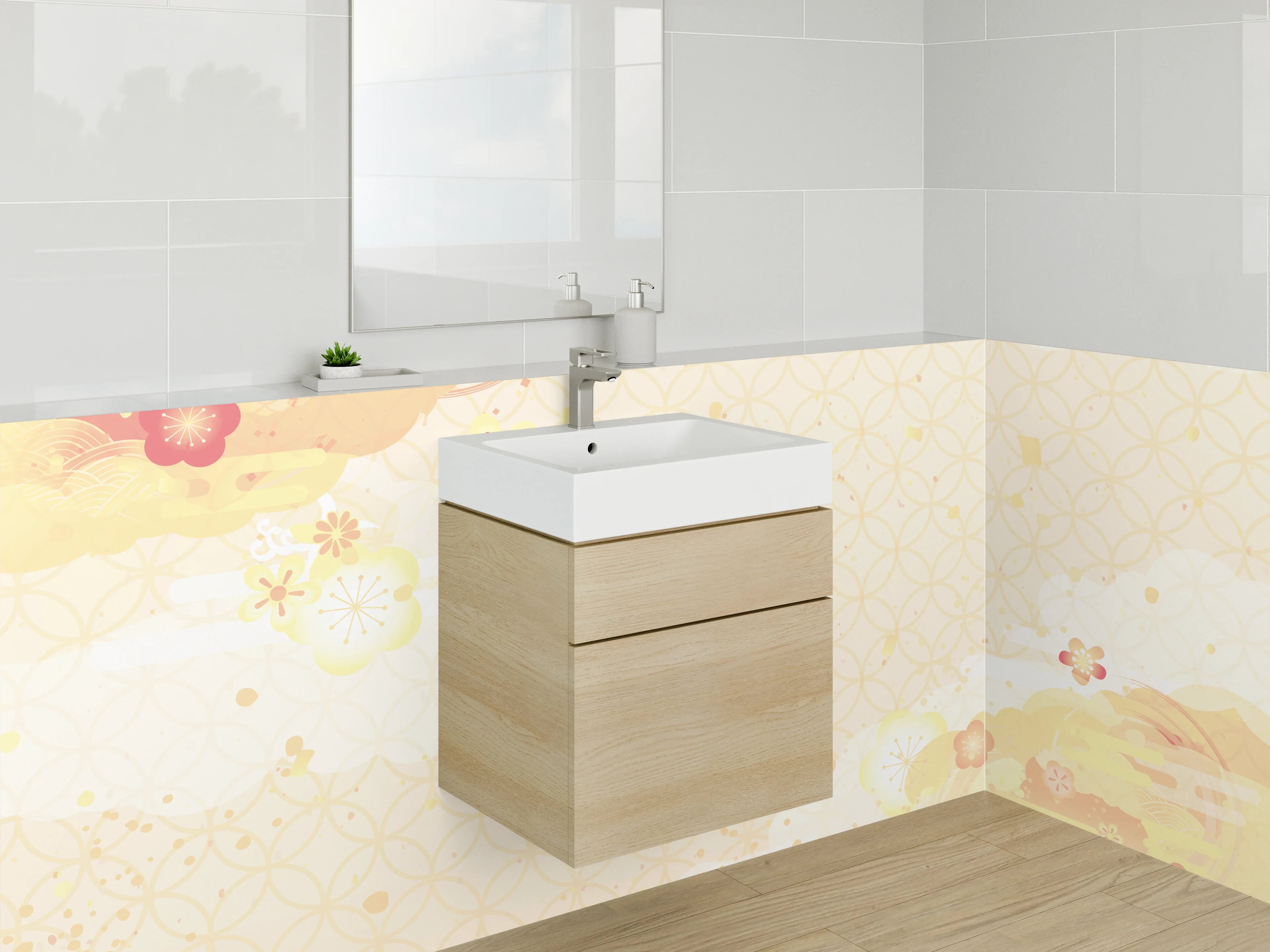 Waschbecken-Rückwand - Japanischer Blütenzauber Aquarell Muster