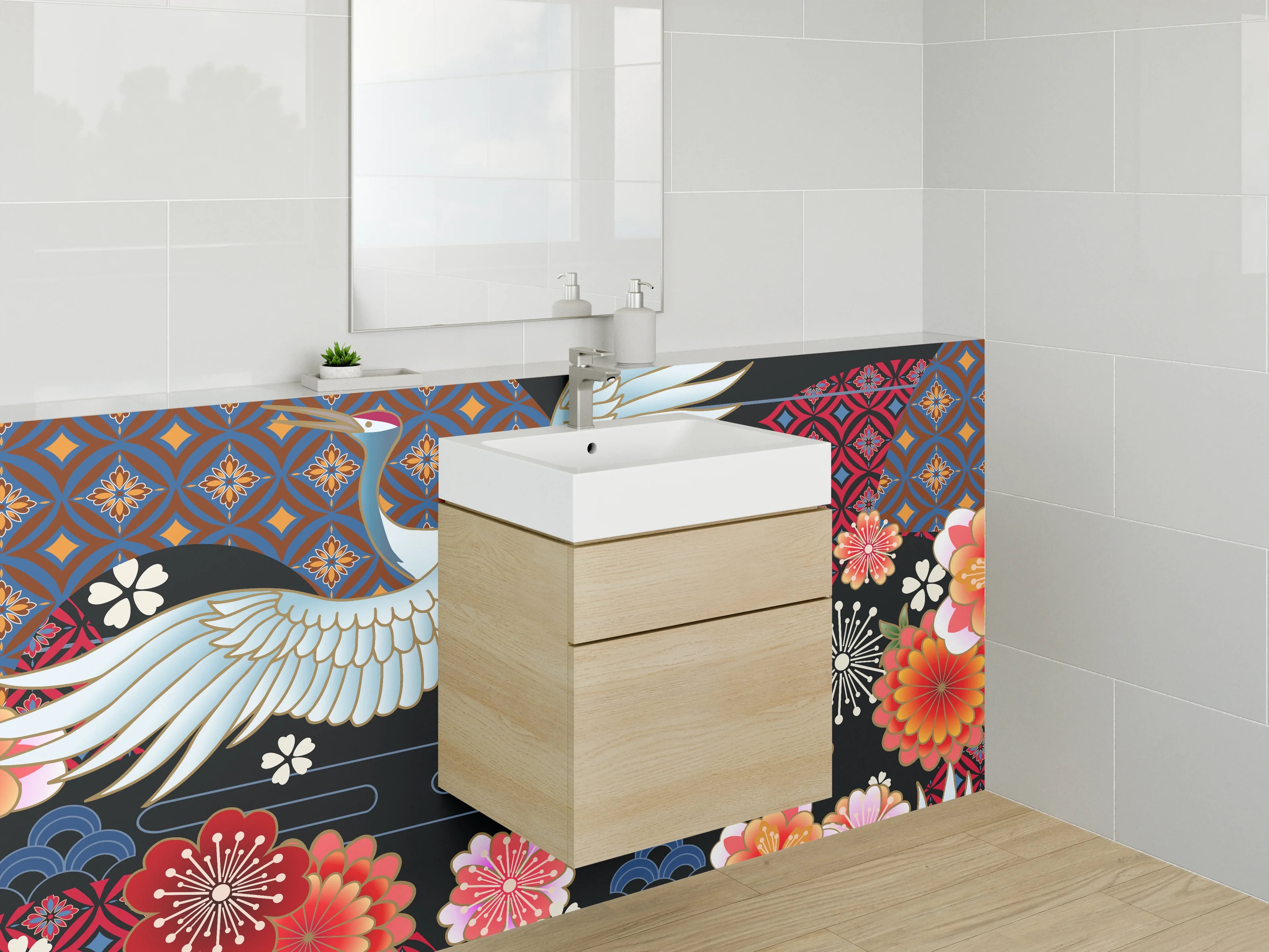 Waschbecken-Rückwand - Japanischer Kranich & Kirschblüten Design