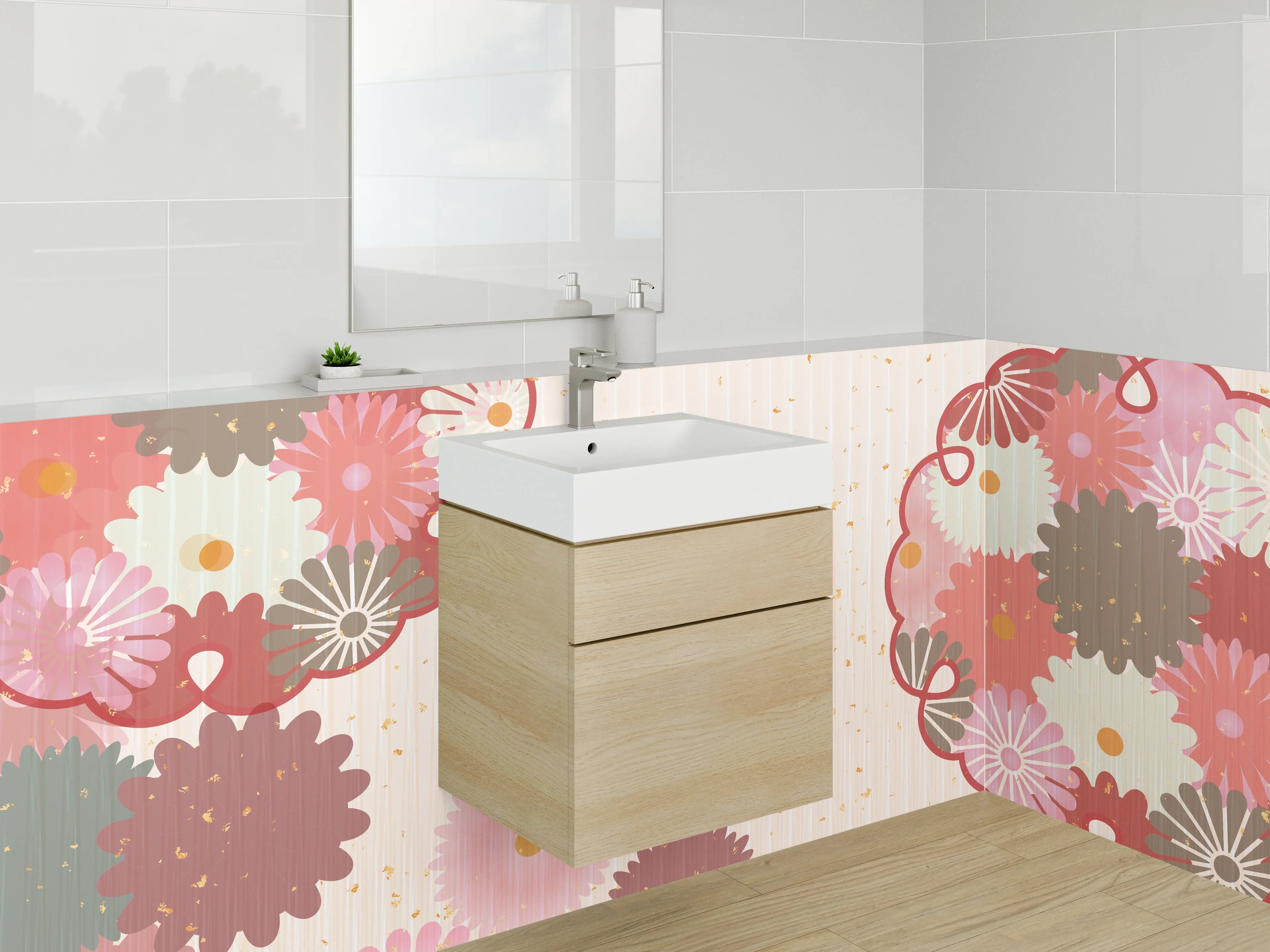 Waschbecken-Rückwand - Japanisches Blumenmuster Rosa Gold Beige