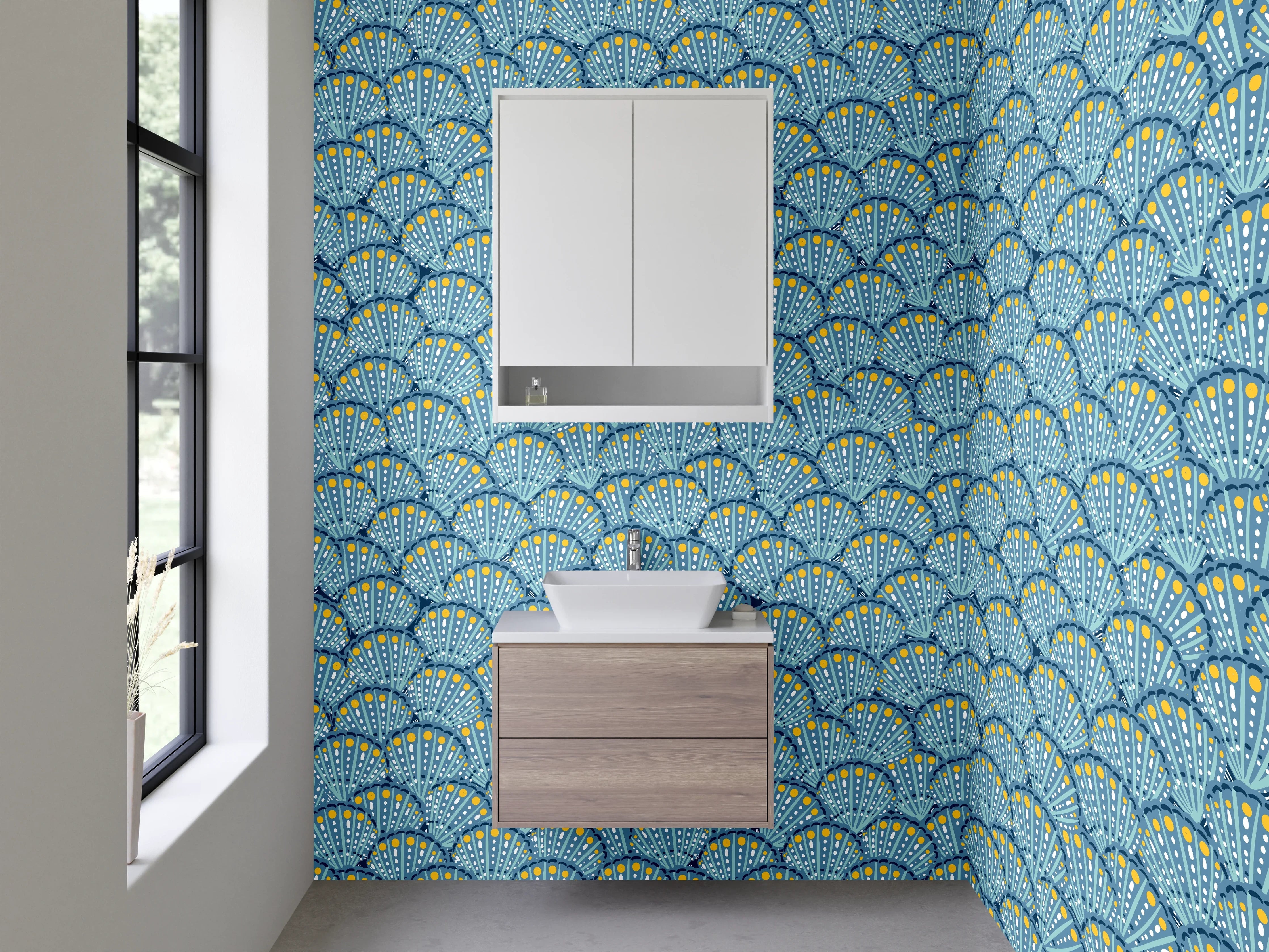 Waschbecken-Rückwand - Japanisches Fächer-Muster in Blau