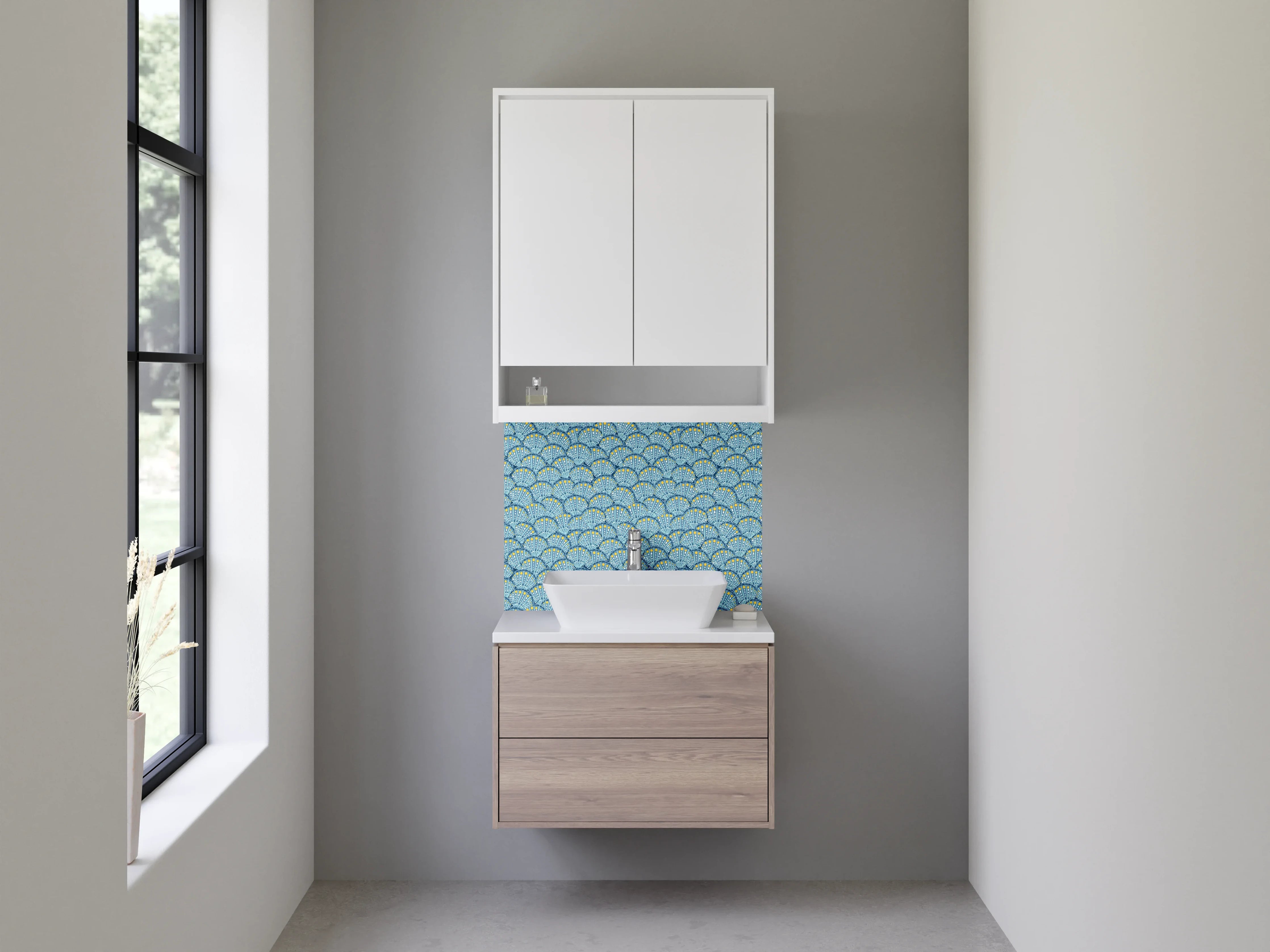 Waschbecken-Rückwand - Japanisches Fächer-Muster in Blau