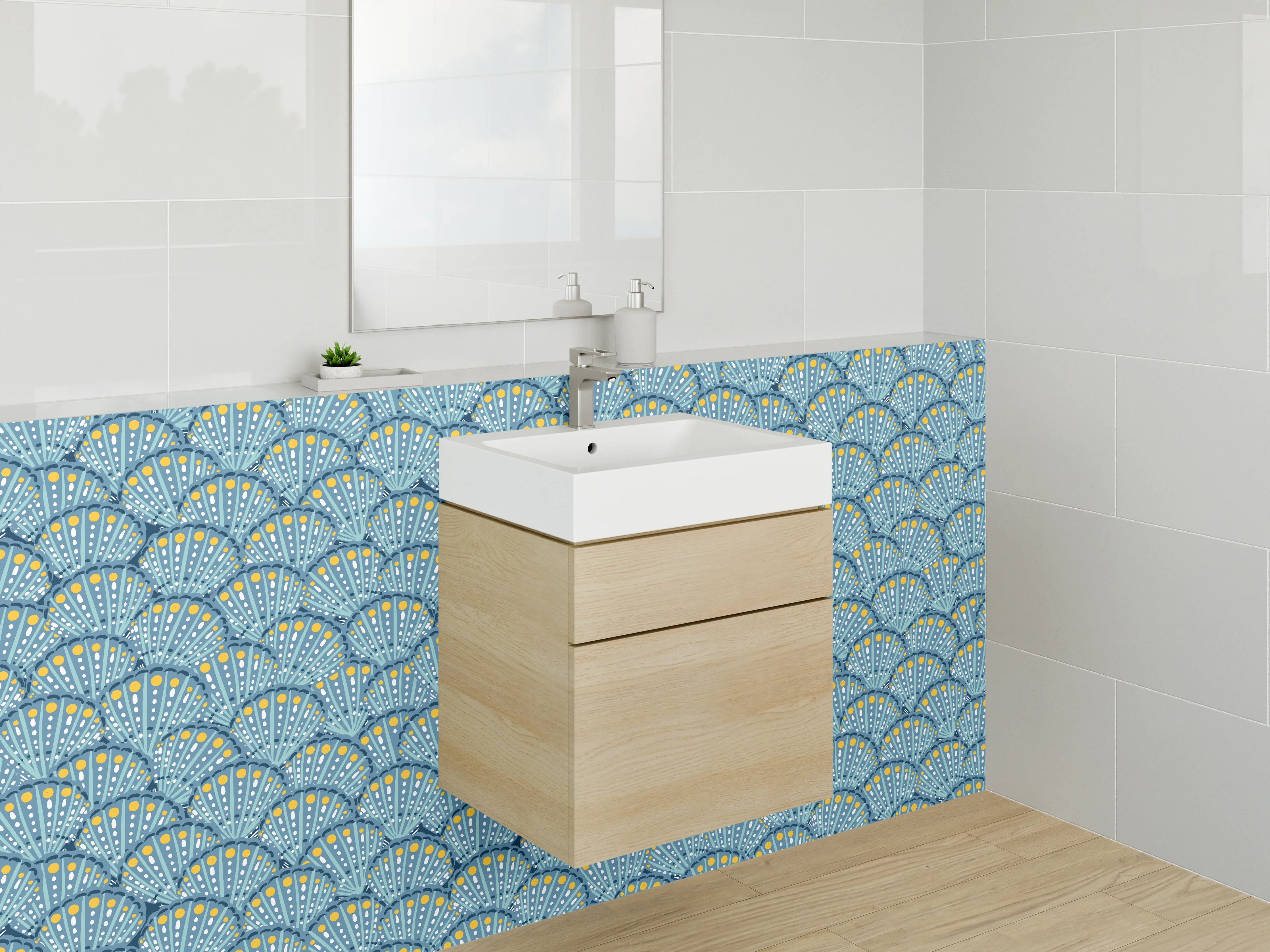 Waschbecken-Rückwand - Japanisches Fächer-Muster in Blau