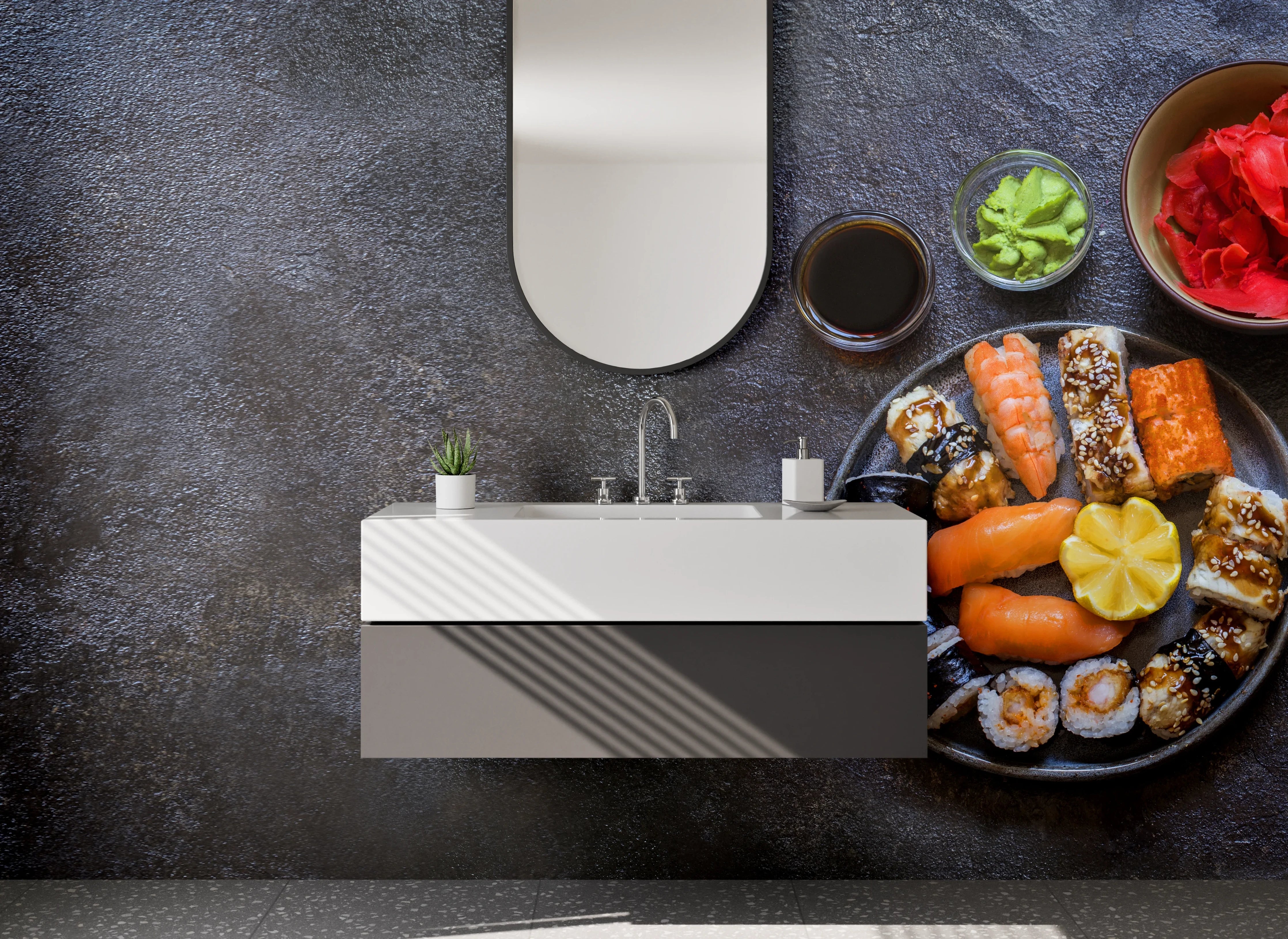 Waschbecken-Rückwand - Japanisches Sushi-Arrangement auf dunklem Stein