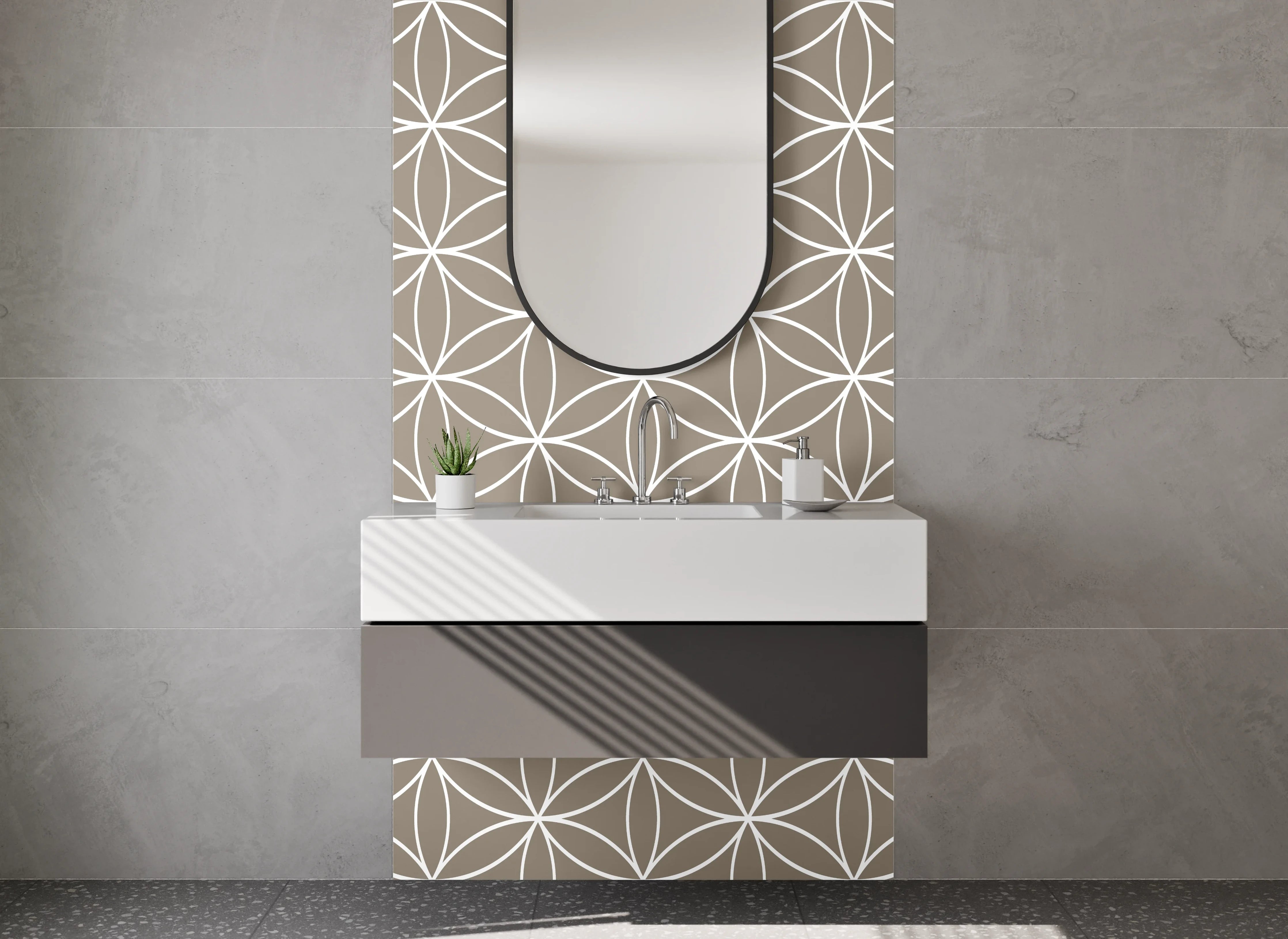 Waschbecken-Rückwand - Japanisches geometrisches Muster beige weiß