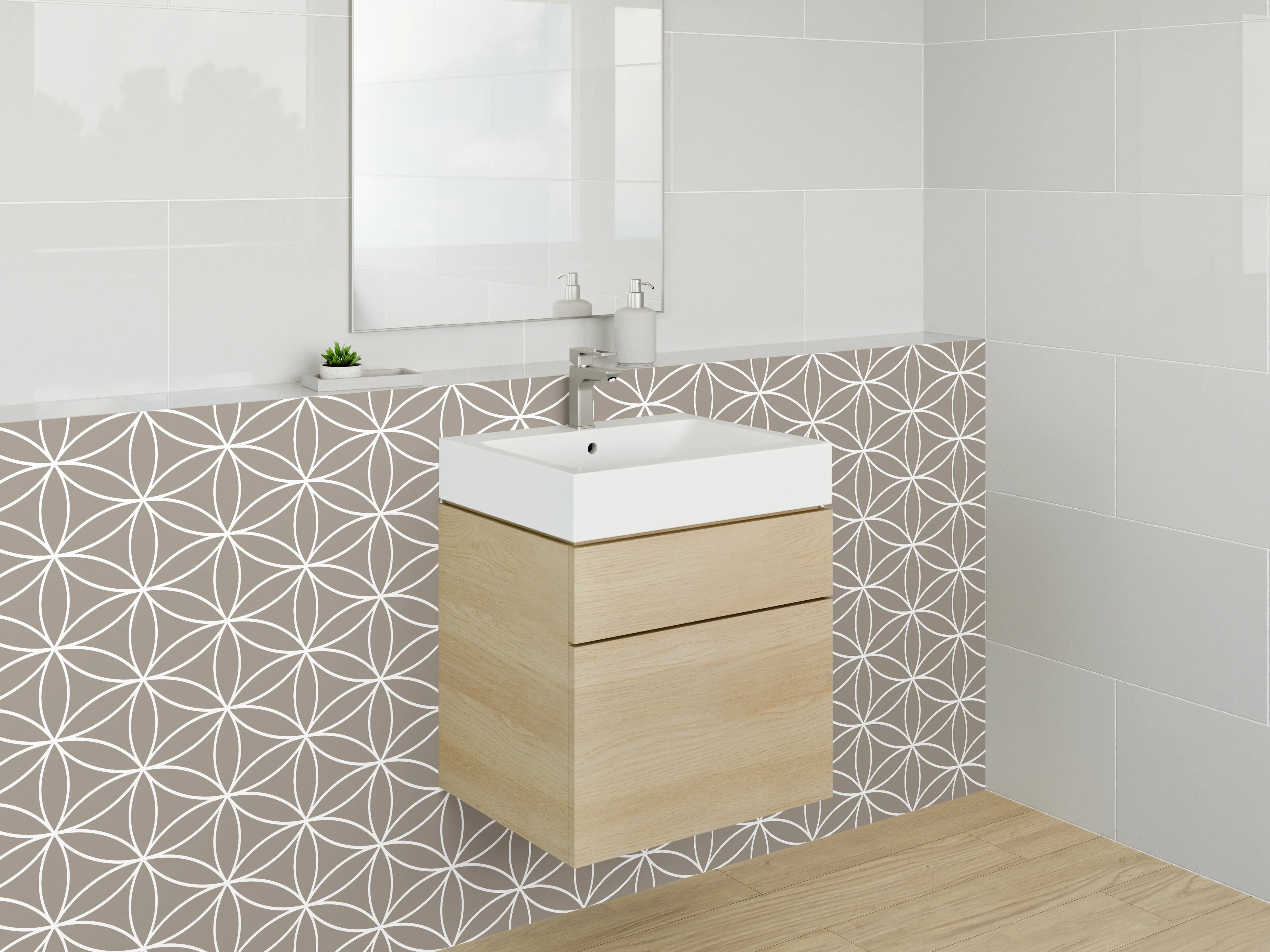 Waschbecken-Rückwand - Japanisches geometrisches Muster beige weiß