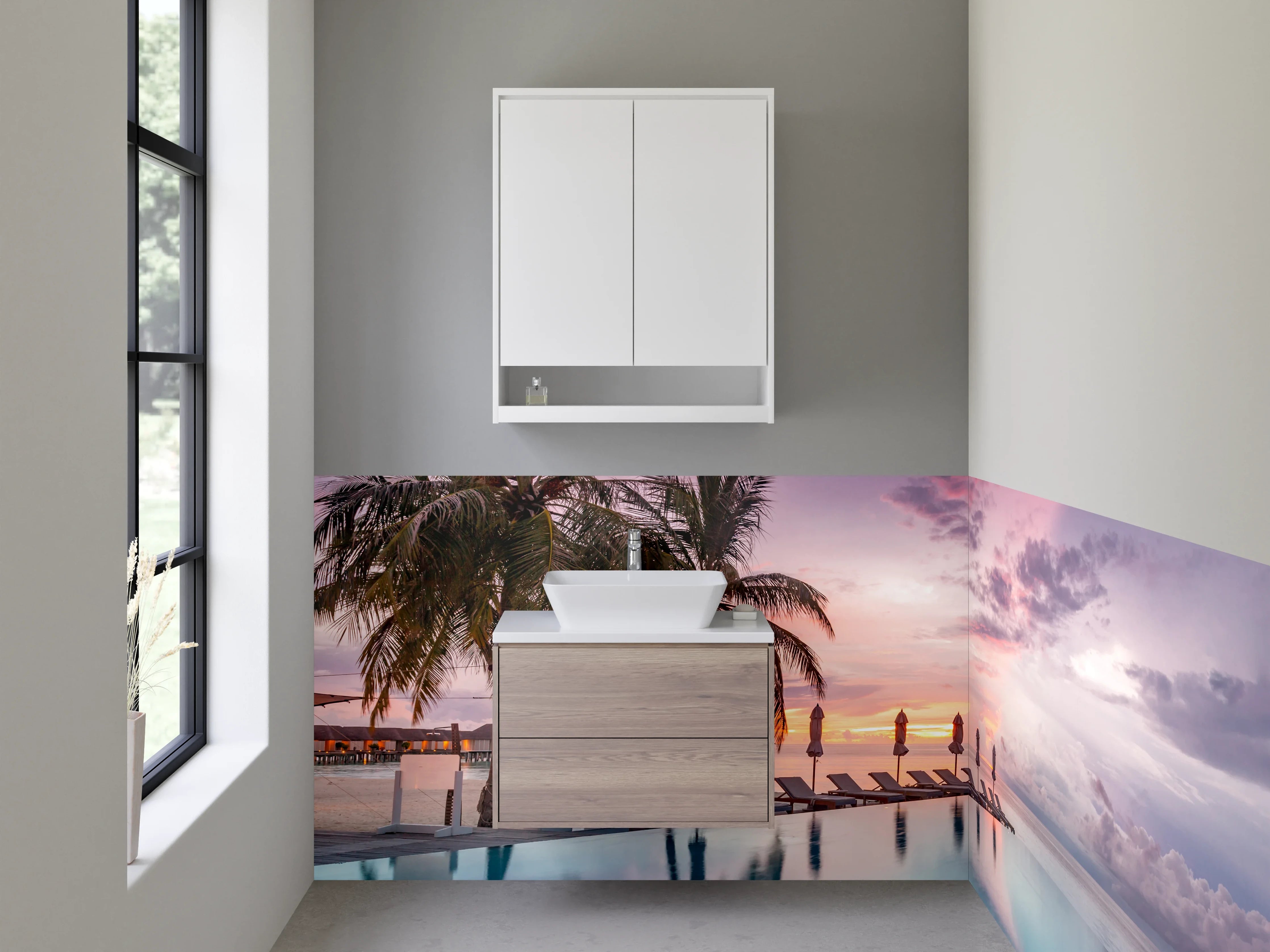 Waschbecken-Rückwand - Karibik Sonnenuntergang Pool Palmen Luxus