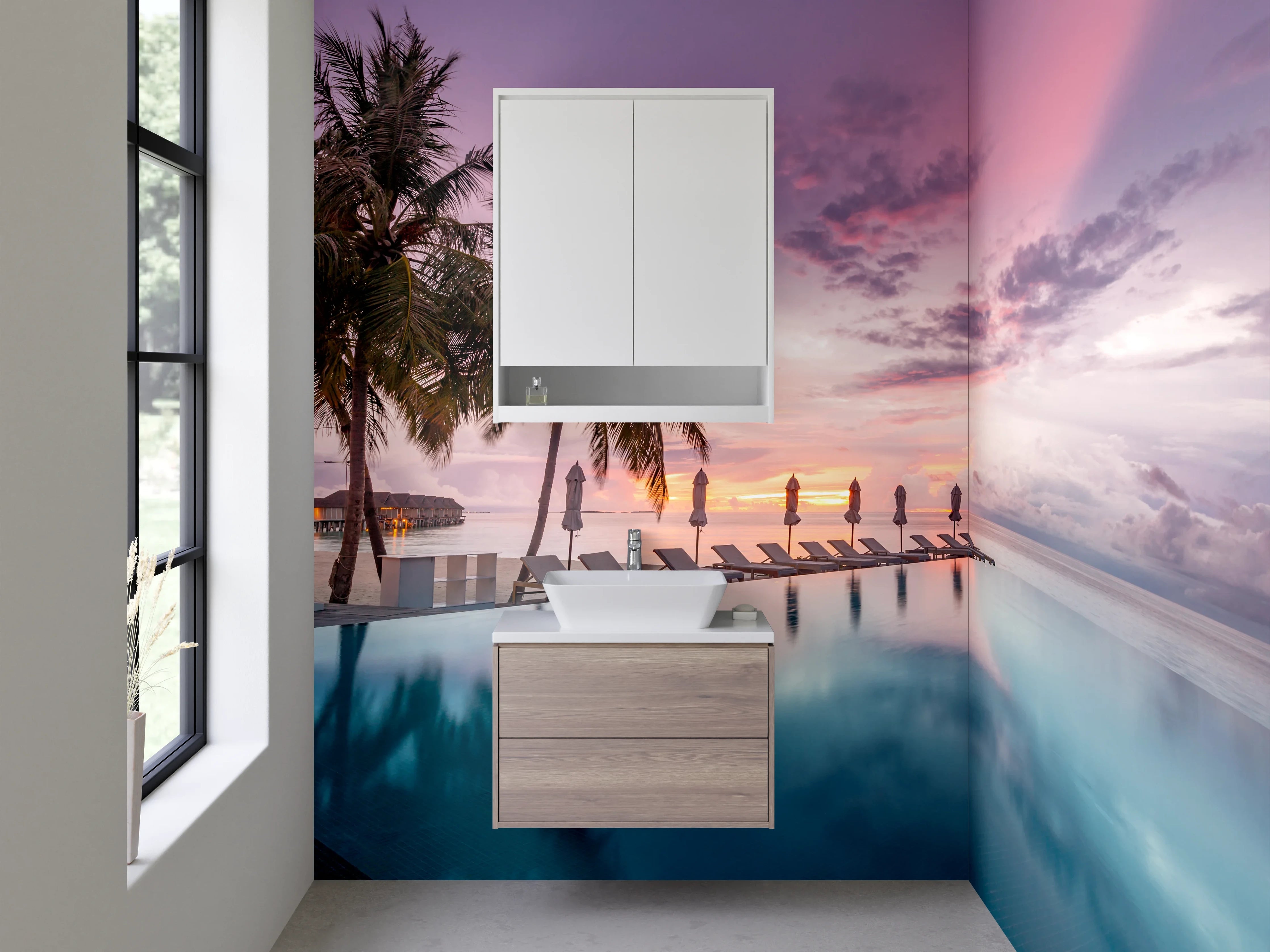 Waschbecken-Rückwand - Karibik Sonnenuntergang Pool Palmen Luxus