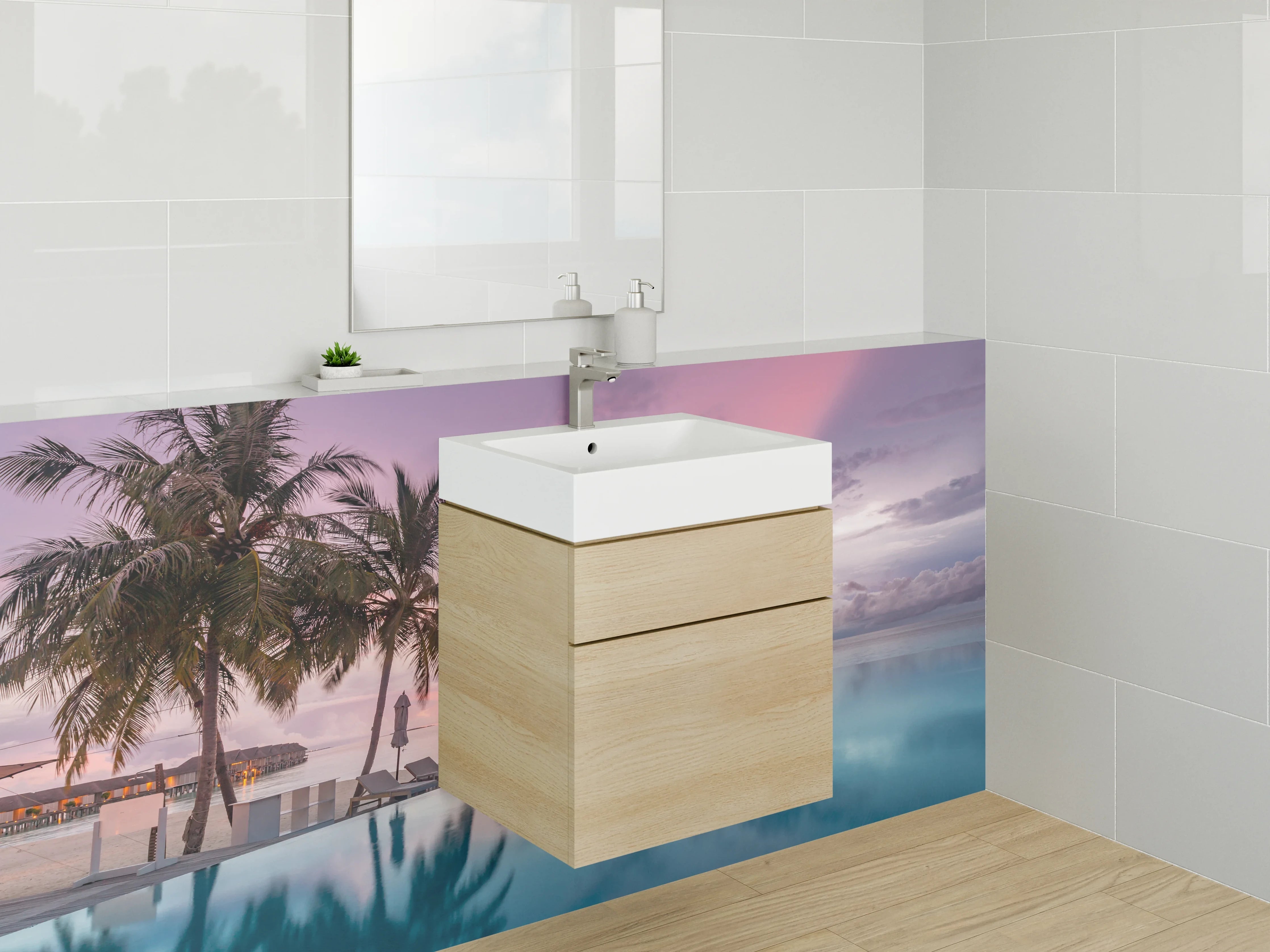 Waschbecken-Rückwand - Karibik Sonnenuntergang Pool Palmen Luxus