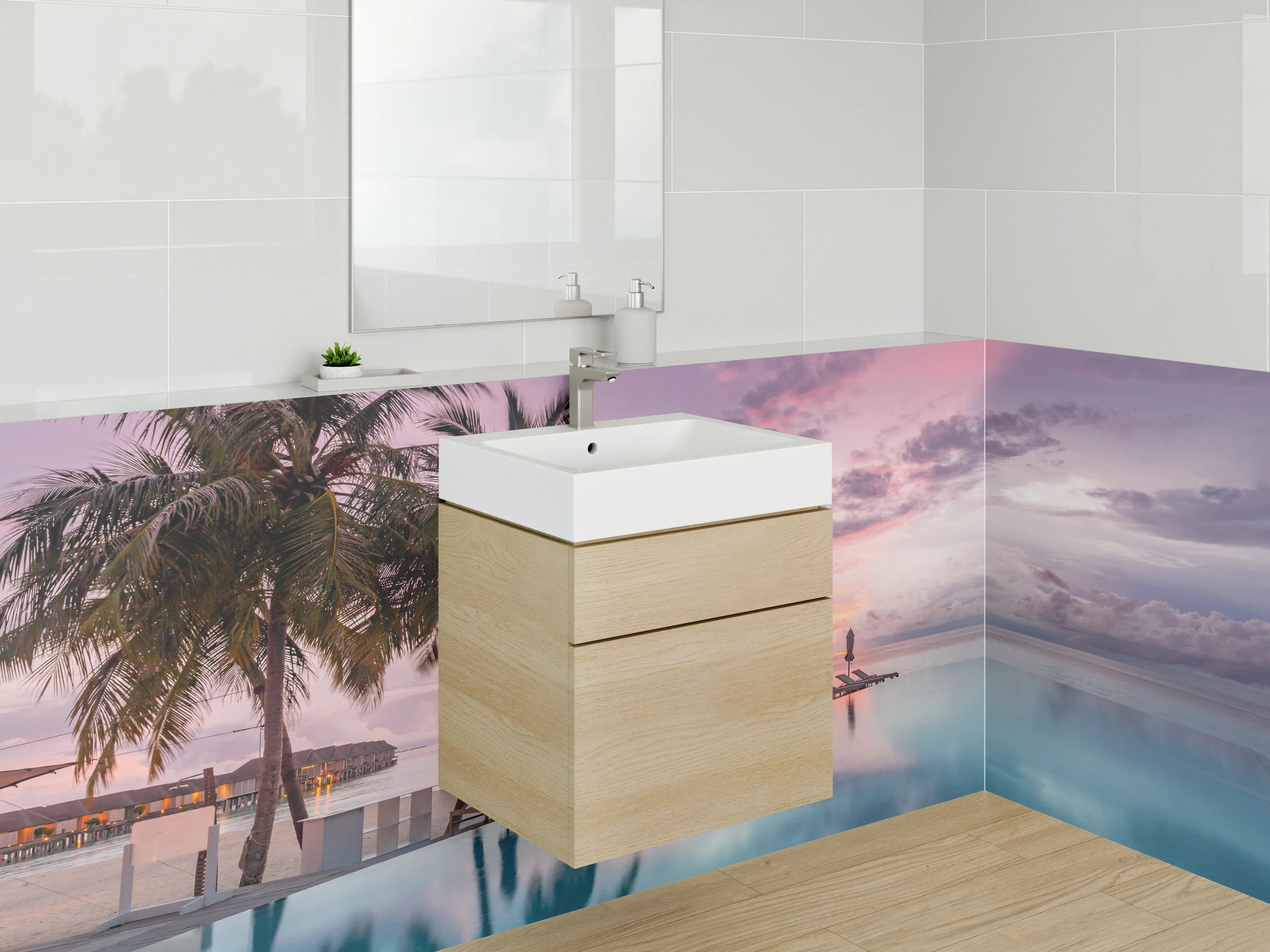 Waschbecken-Rückwand - Karibik Sonnenuntergang Pool Palmen Luxus