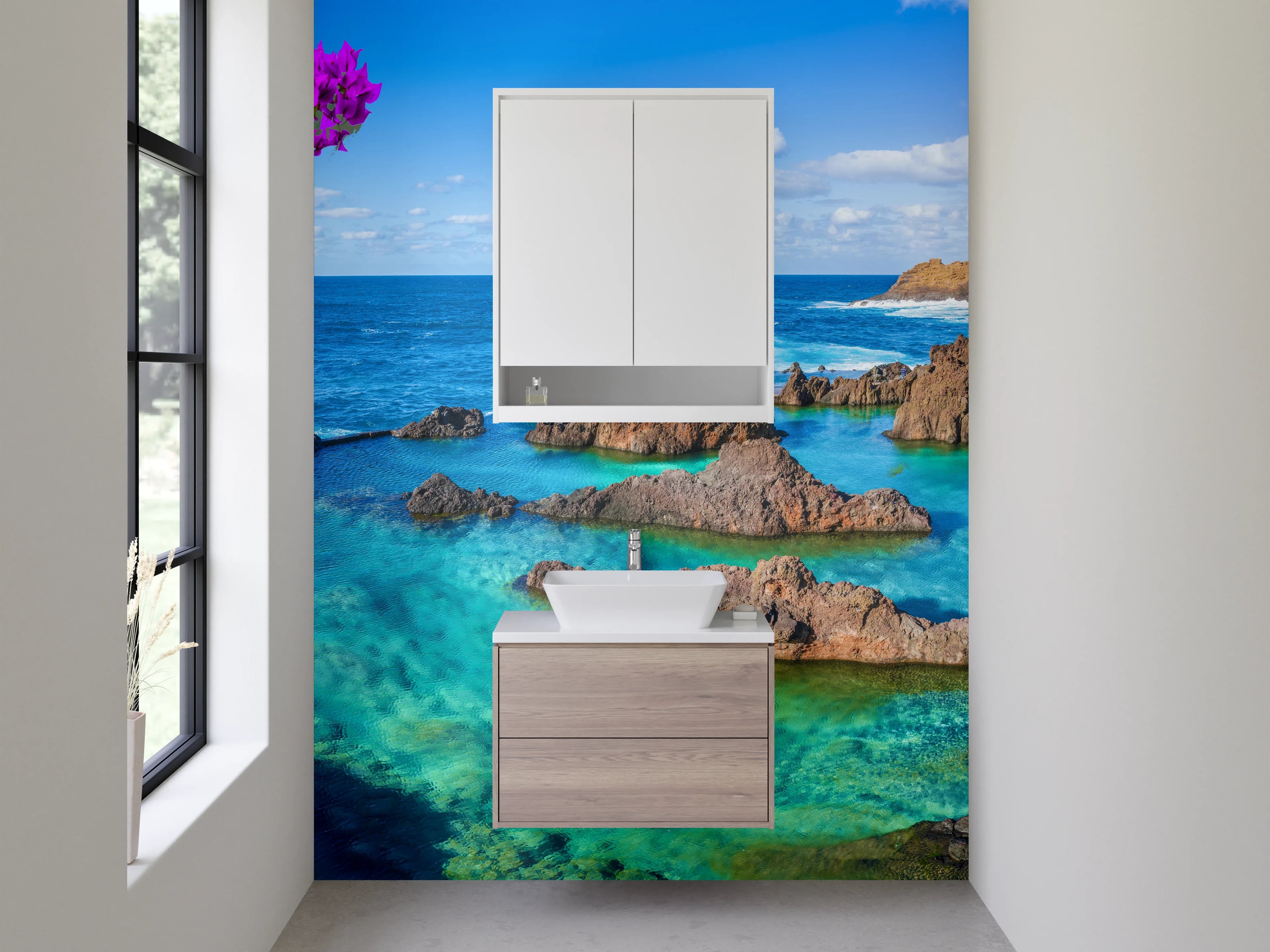 Waschbecken-Rückwand - Karibische Felsküste mit Blüten