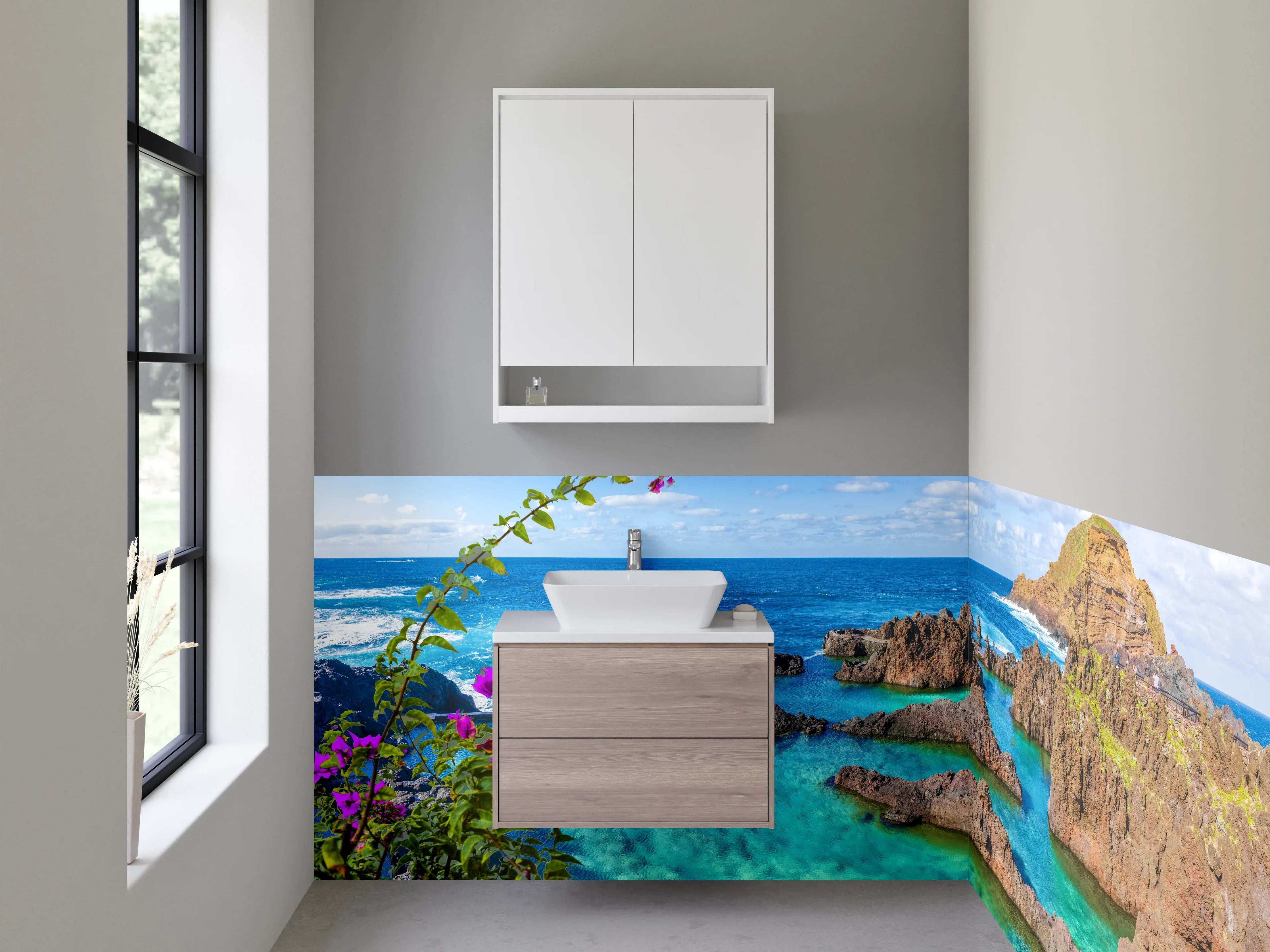Waschbecken-Rückwand - Karibische Felsküste mit Blüten