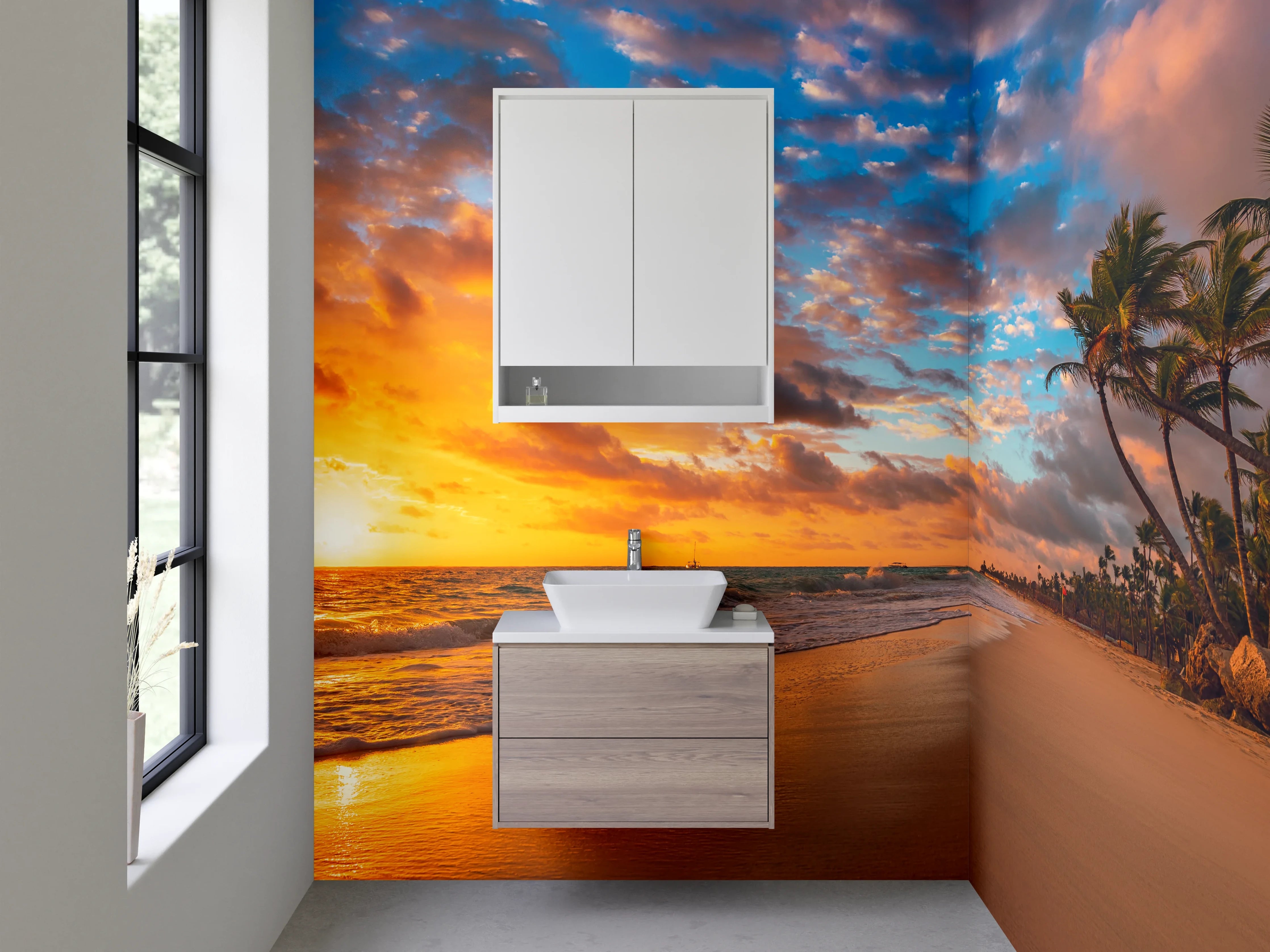 Waschbecken-Rückwand - Karibischer Sonnenuntergang am Palmenstrand