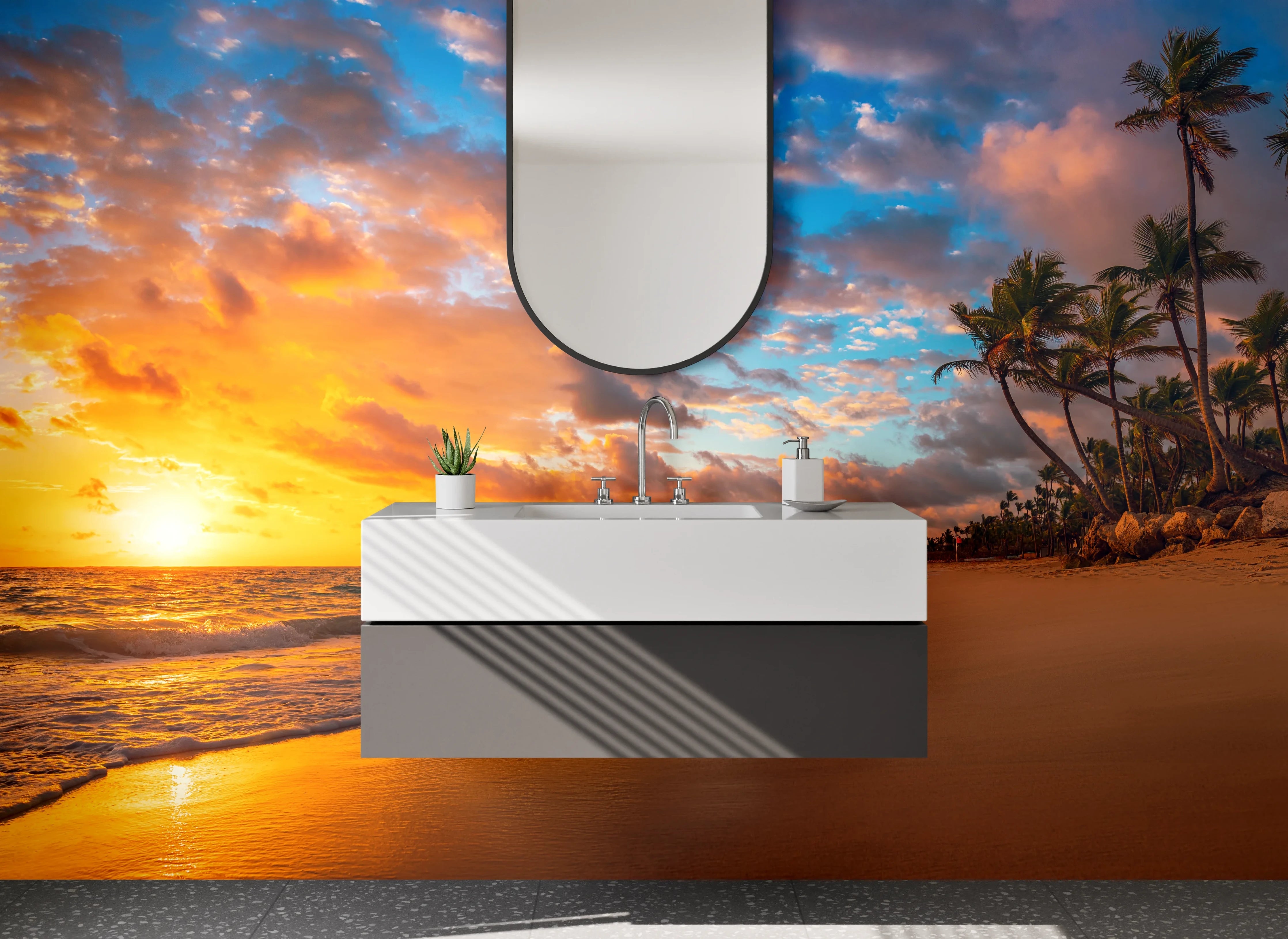Waschbecken-Rückwand - Karibischer Sonnenuntergang am Palmenstrand