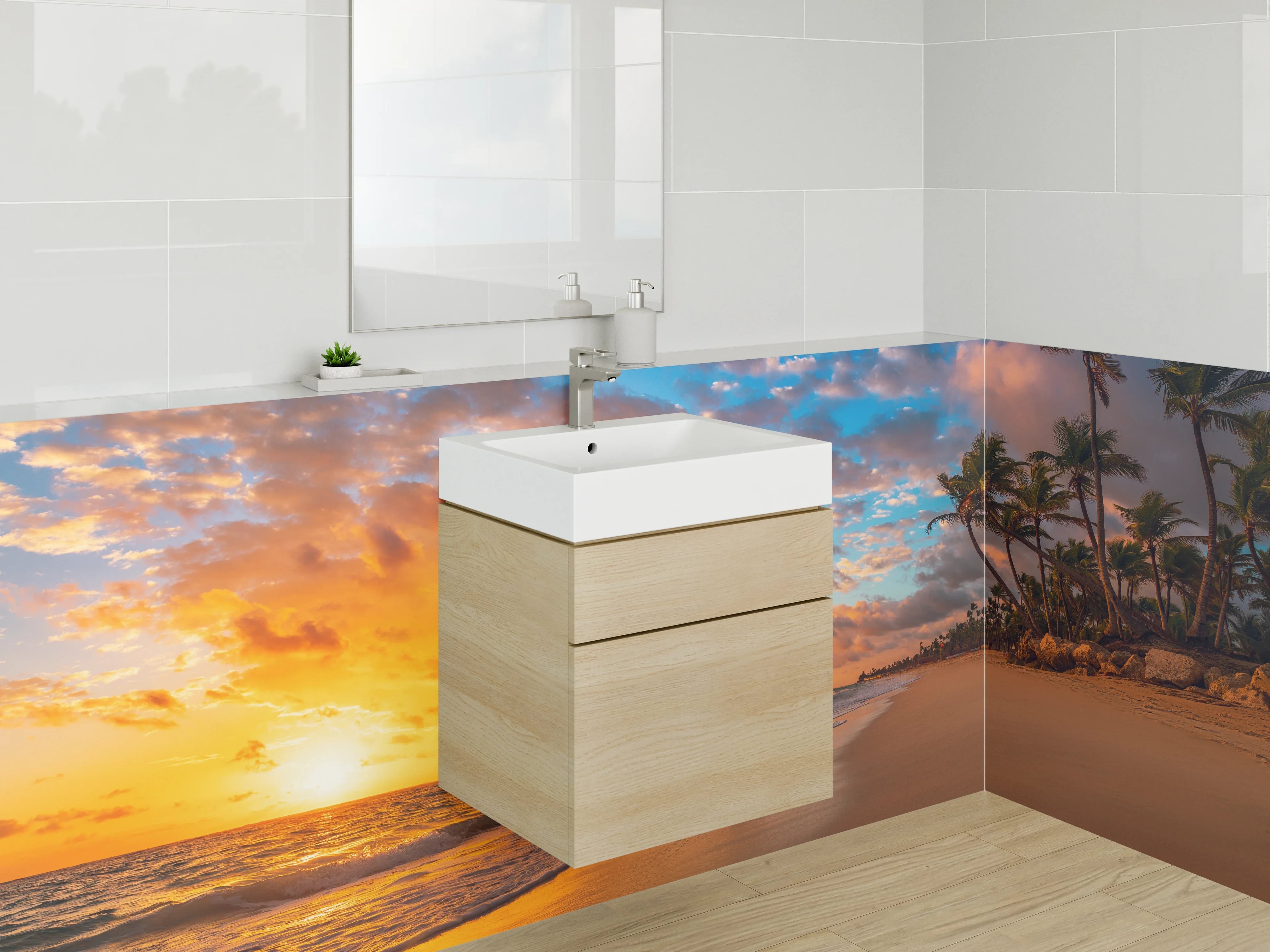 Waschbecken-Rückwand - Karibischer Sonnenuntergang am Palmenstrand