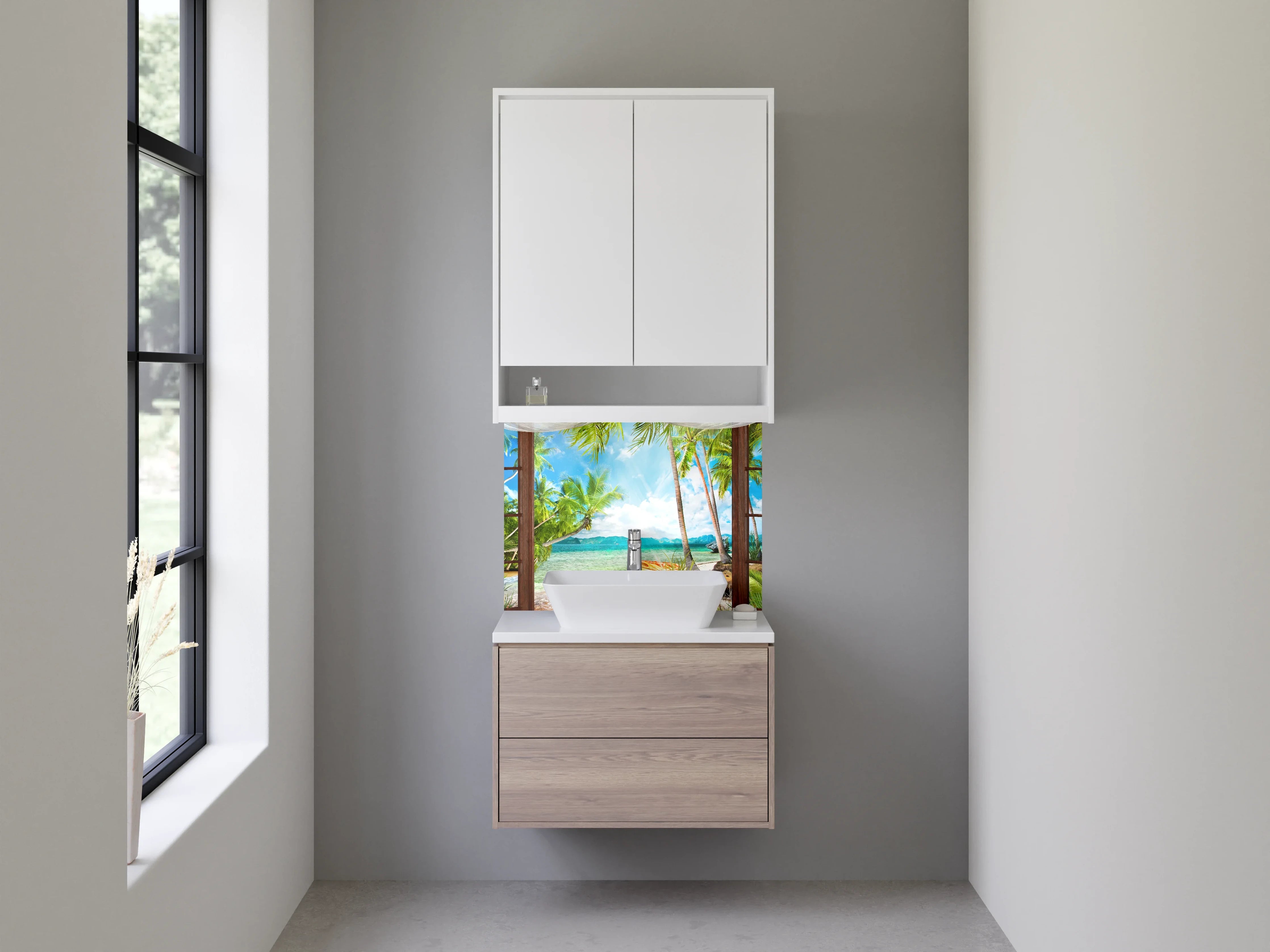 Waschbecken-Rückwand - Karibisches Strandfenster Tropenidylle